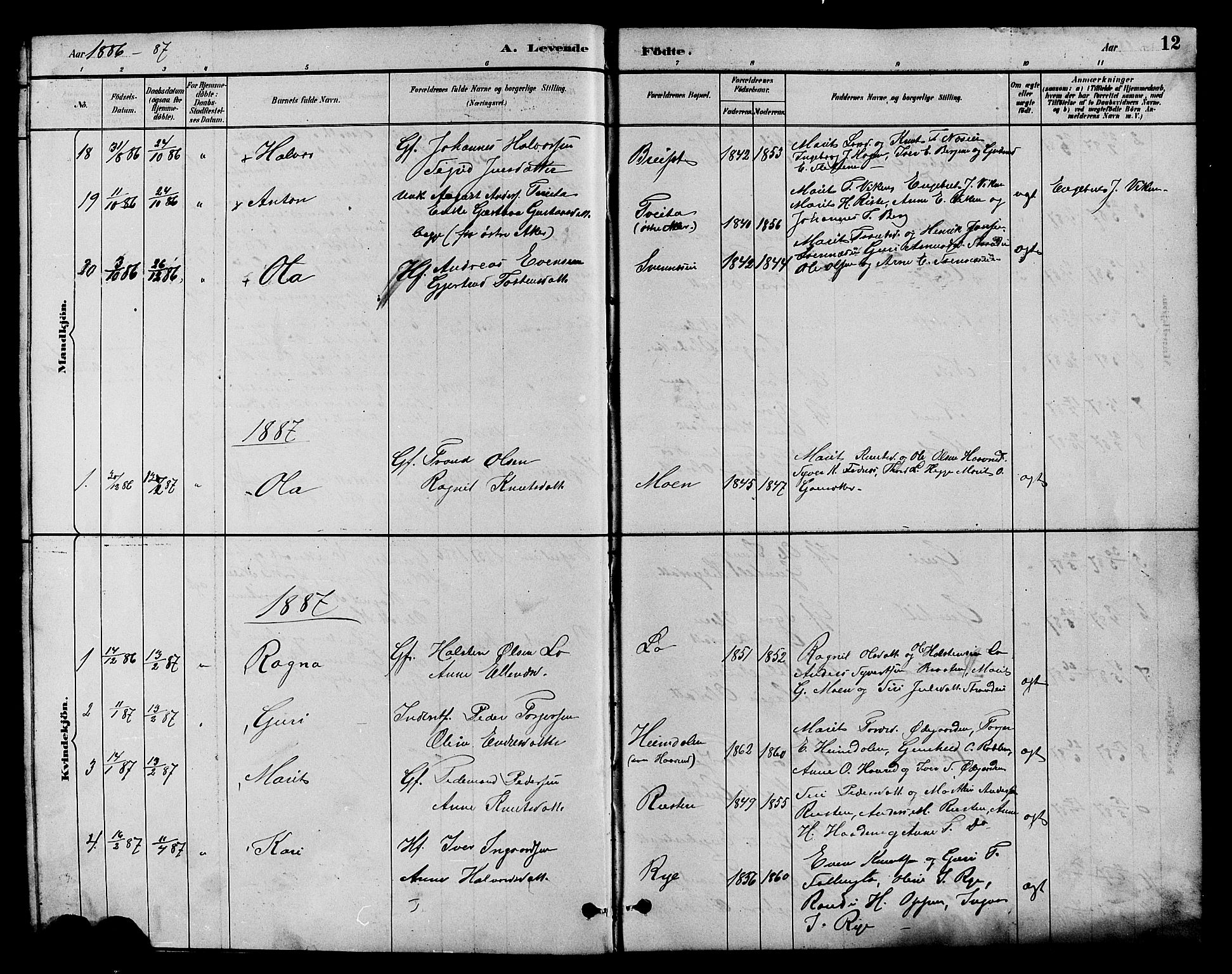 Nord-Aurdal prestekontor, SAH/PREST-132/H/Ha/Hab/L0007: Parish register (copy) no. 7, 1883-1910, p. 12