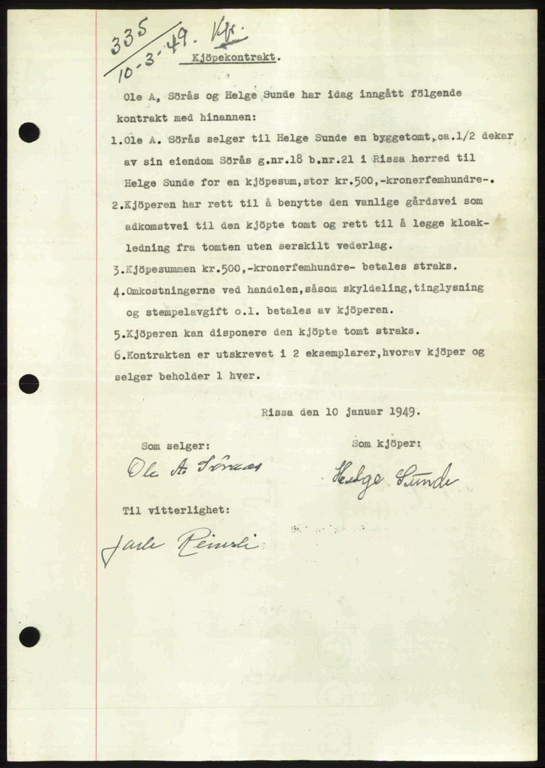 Fosen sorenskriveri, AV/SAT-A-1107/1/2/2C: Mortgage book no. A7-9, 1947-1949, Diary no: : 335/1949