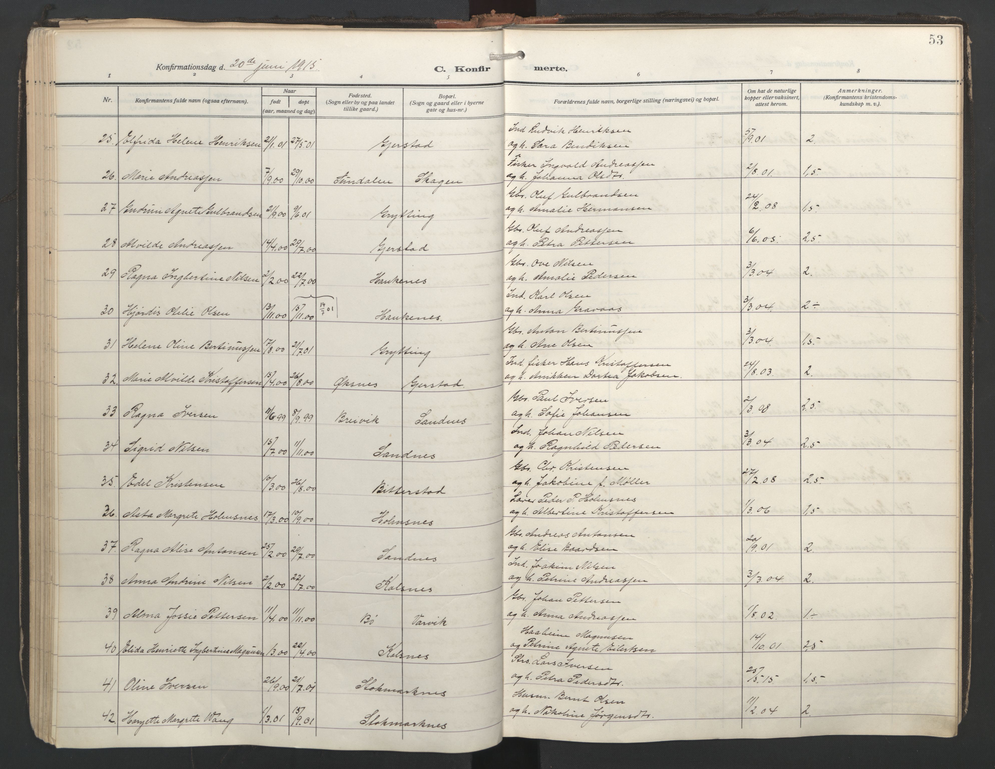 Ministerialprotokoller, klokkerbøker og fødselsregistre - Nordland, AV/SAT-A-1459/888/L1249: Parish register (official) no. 888A15, 1911-1929, p. 53