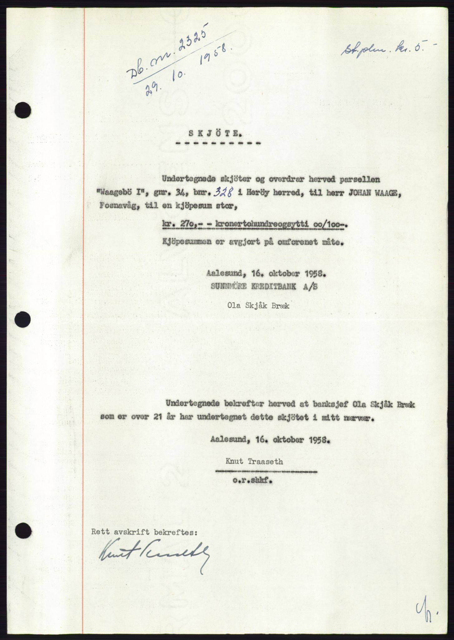 Søre Sunnmøre sorenskriveri, AV/SAT-A-4122/1/2/2C/L0110: Mortgage book no. 36A, 1958-1958, Diary no: : 2325/1958