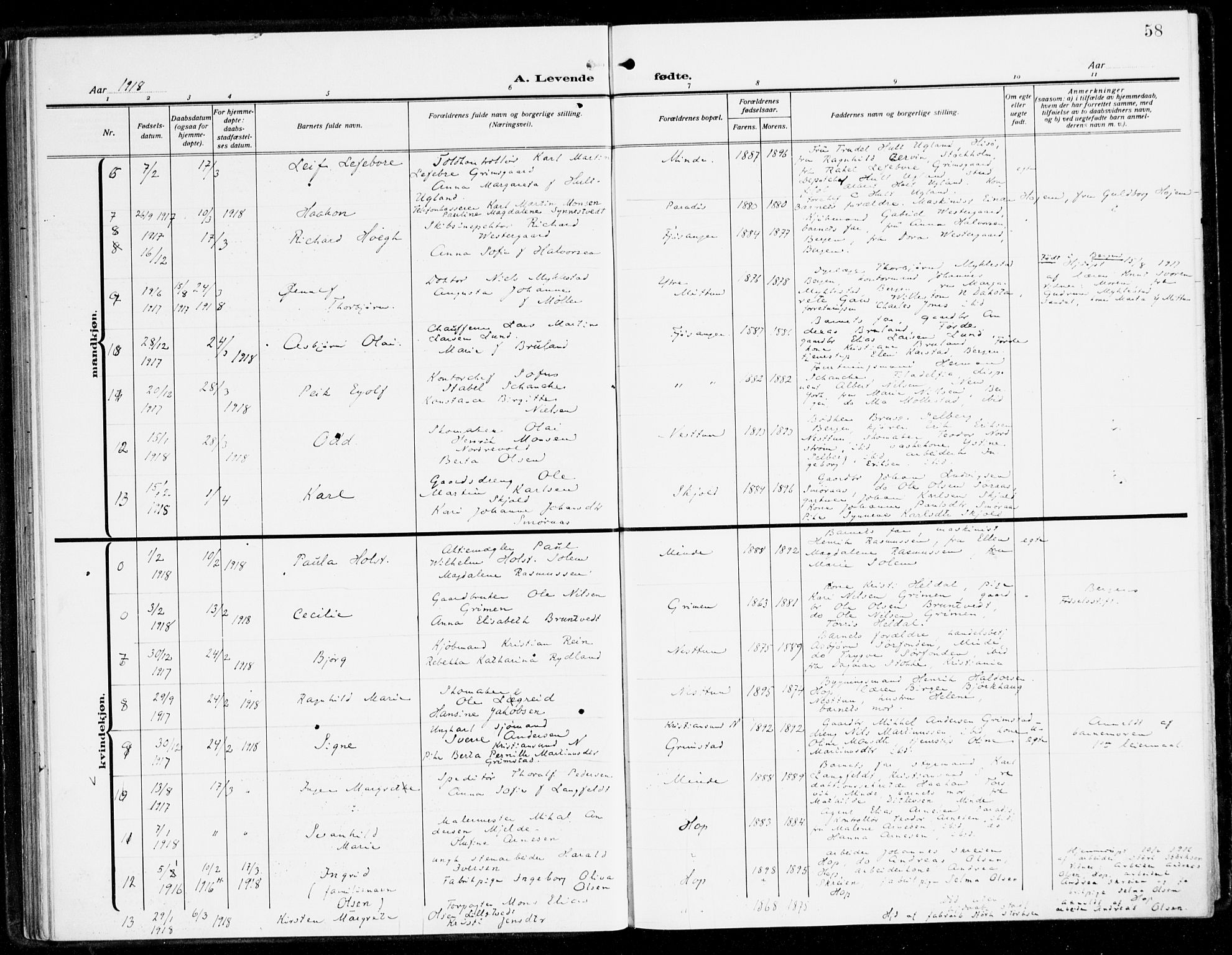 Fana Sokneprestembete, AV/SAB-A-75101/H/Haa/Haai/L0004: Parish register (official) no. I 4, 1912-1933, p. 58