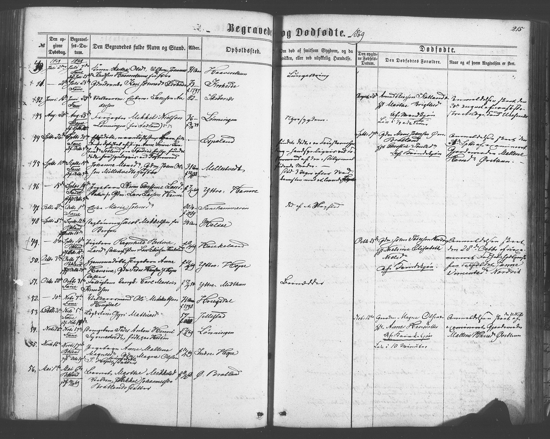 Fana Sokneprestembete, SAB/A-75101/H/Haa/Haaa/L0012: Parish register (official) no. A 12, 1862-1878, p. 215