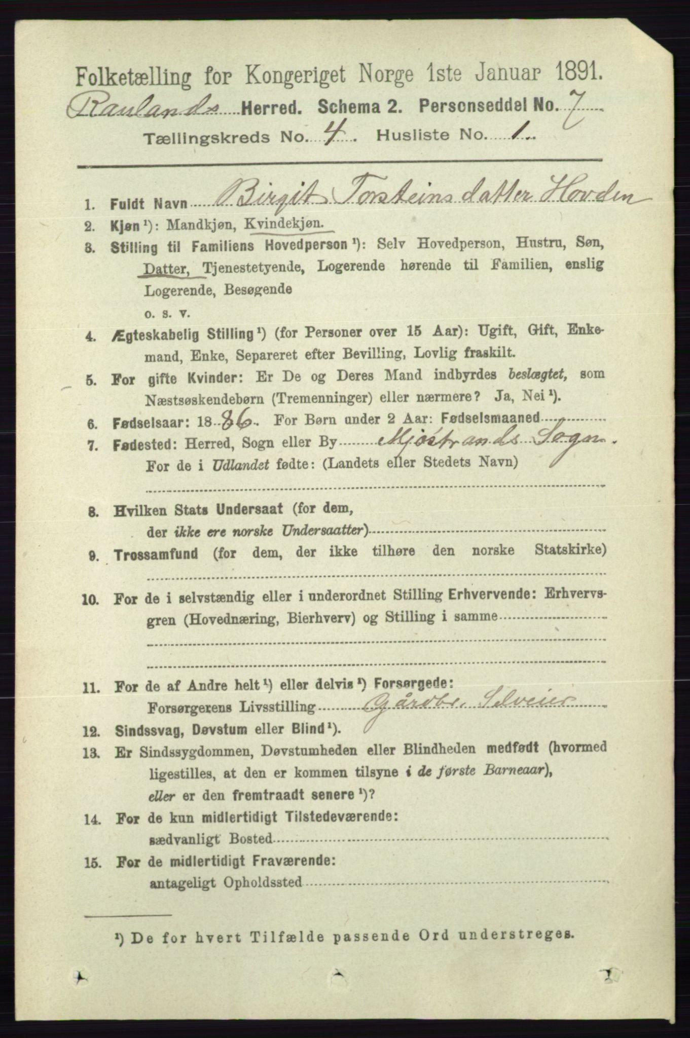 RA, 1891 census for 0835 Rauland, 1891, p. 1018