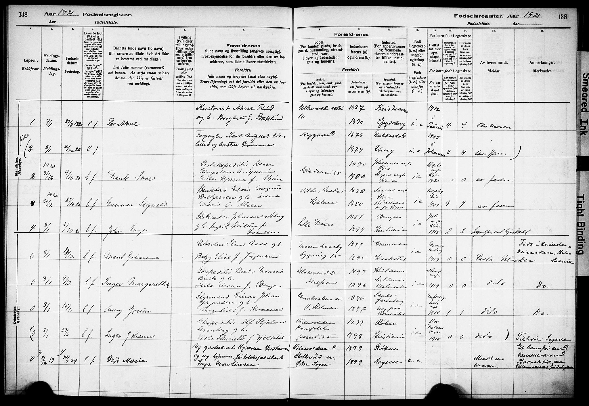 Vestre Aker prestekontor Kirkebøker, AV/SAO-A-10025/J/Ja/L0001: Birth register no. 1, 1916-1922, p. 138