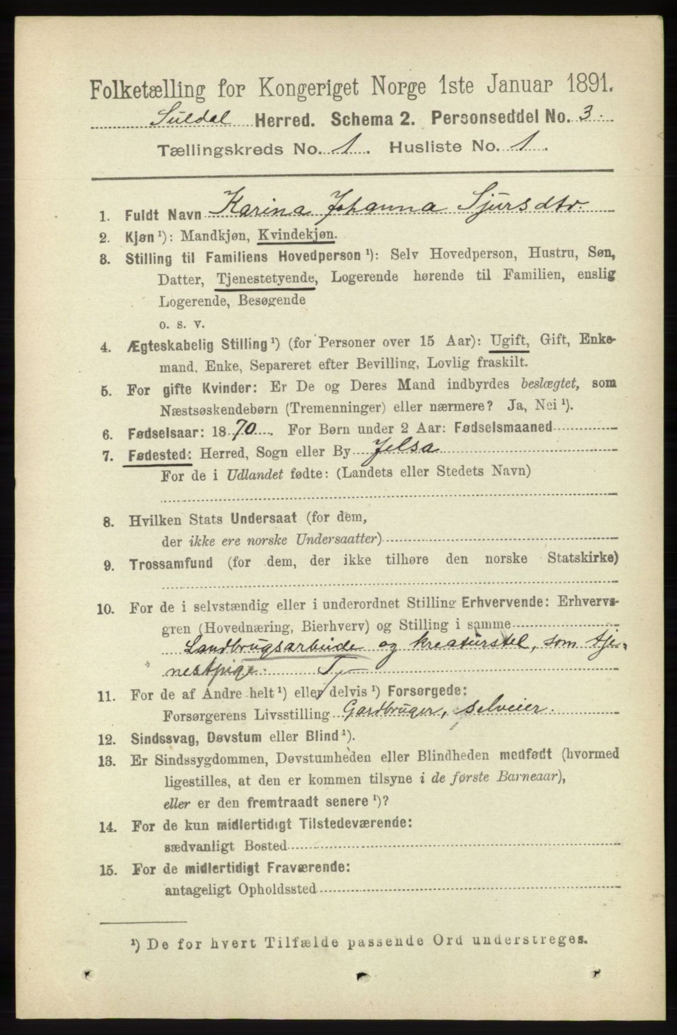 RA, 1891 census for 1134 Suldal, 1891, p. 52