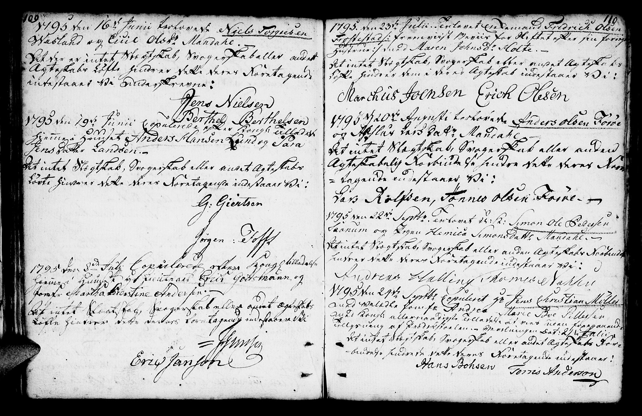 Mandal sokneprestkontor, AV/SAK-1111-0030/F/Fa/Faa/L0007: Parish register (official) no. A 7, 1783-1818, p. 109-110