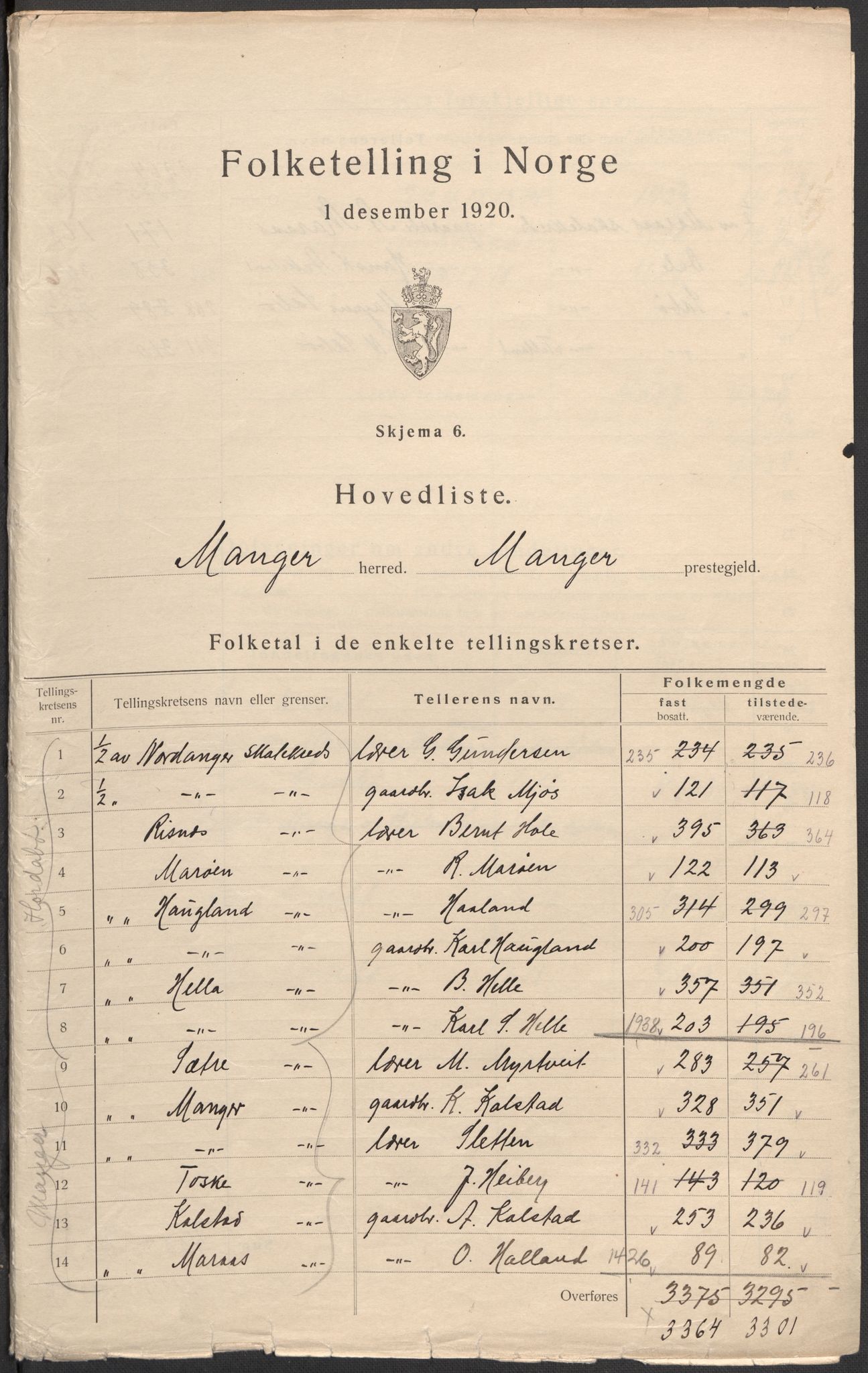 SAB, 1920 census for Manger, 1920, p. 2