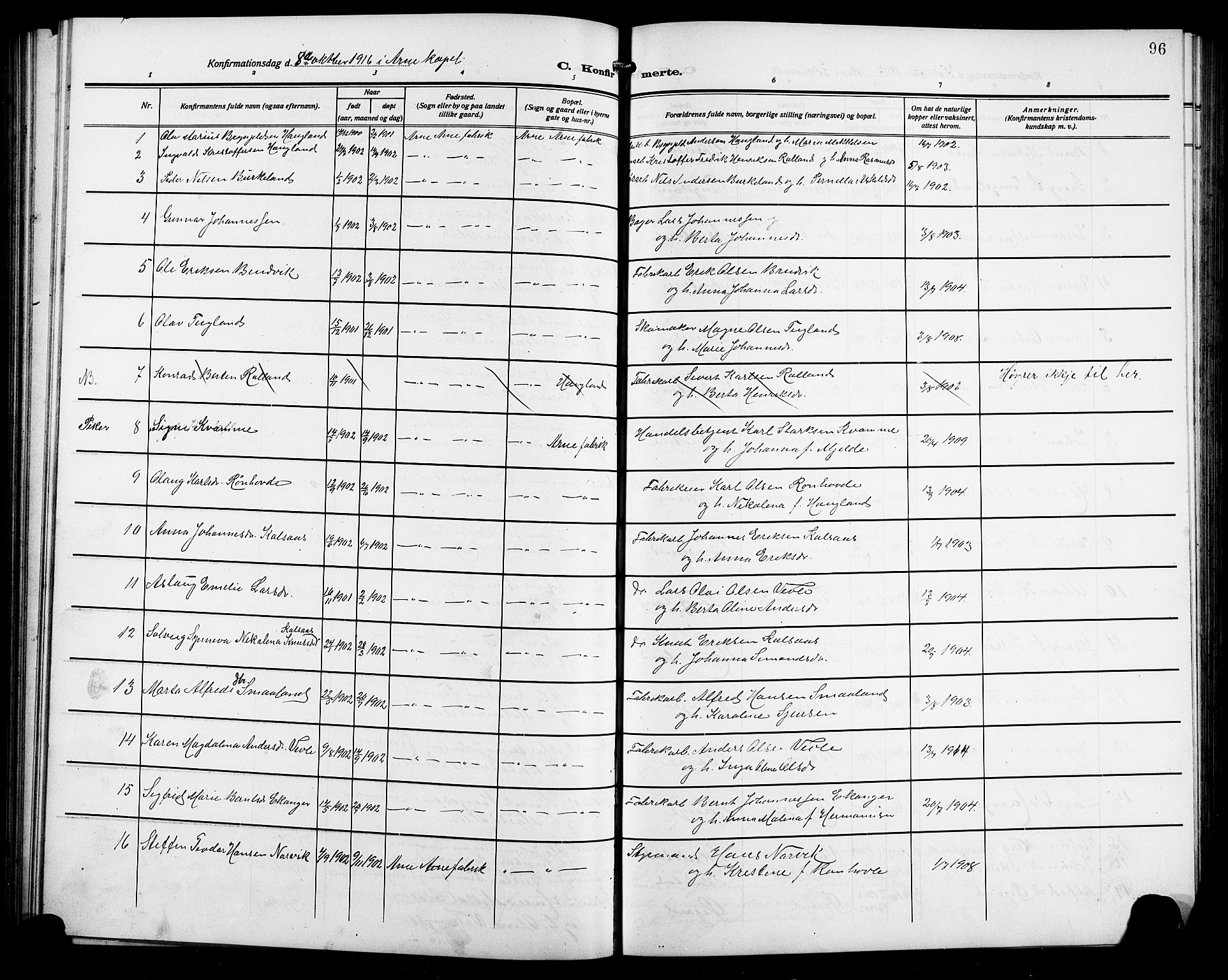 Arna Sokneprestembete, SAB/A-74001/H/Ha/Hab: Parish register (copy) no. A 5, 1911-1921, p. 96