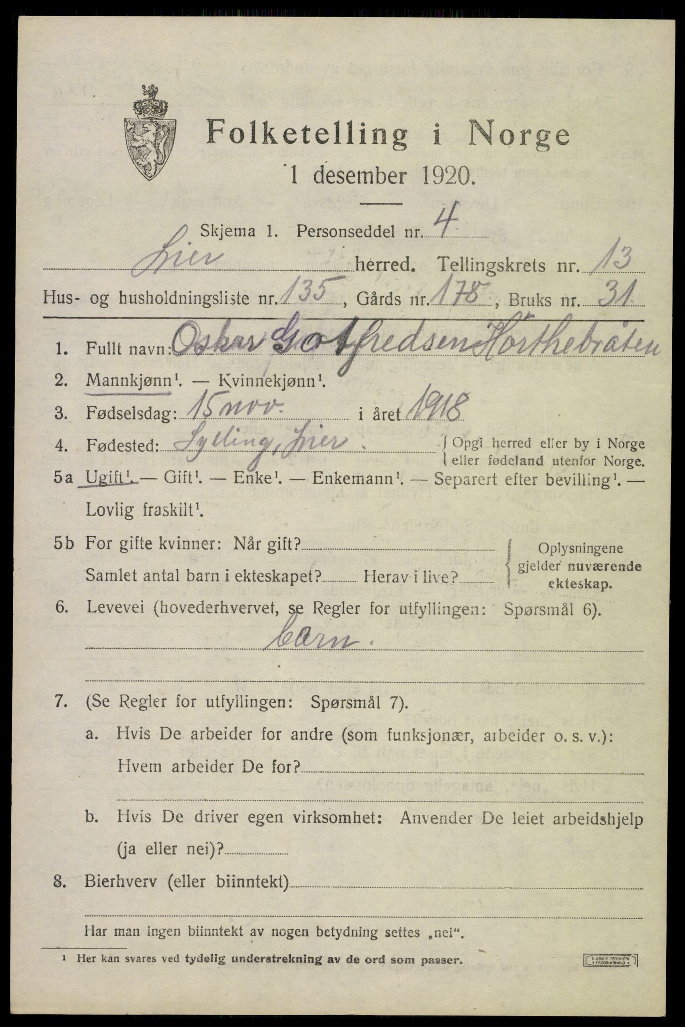 SAKO, 1920 census for Lier, 1920, p. 21914