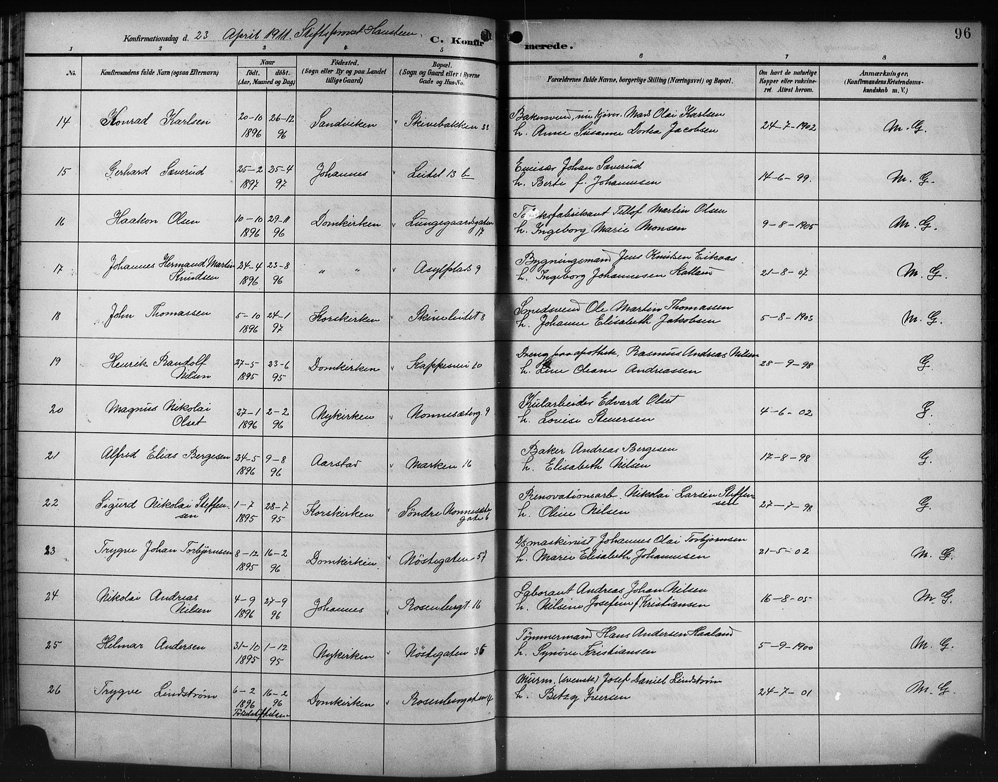 Domkirken sokneprestembete, SAB/A-74801/H/Hab/L0025: Parish register (copy) no. C 5, 1899-1916, p. 96