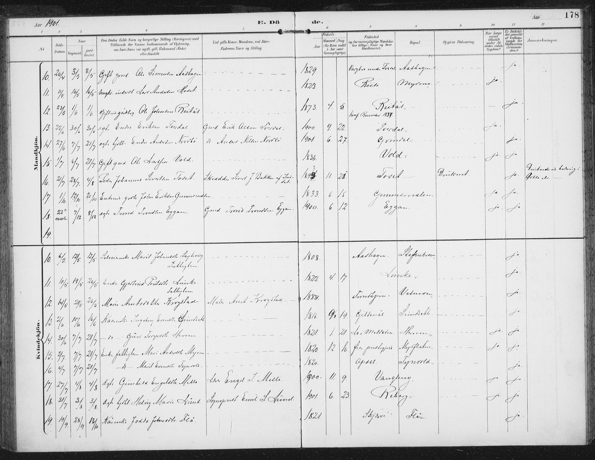 Ministerialprotokoller, klokkerbøker og fødselsregistre - Sør-Trøndelag, SAT/A-1456/674/L0872: Parish register (official) no. 674A04, 1897-1907, p. 178