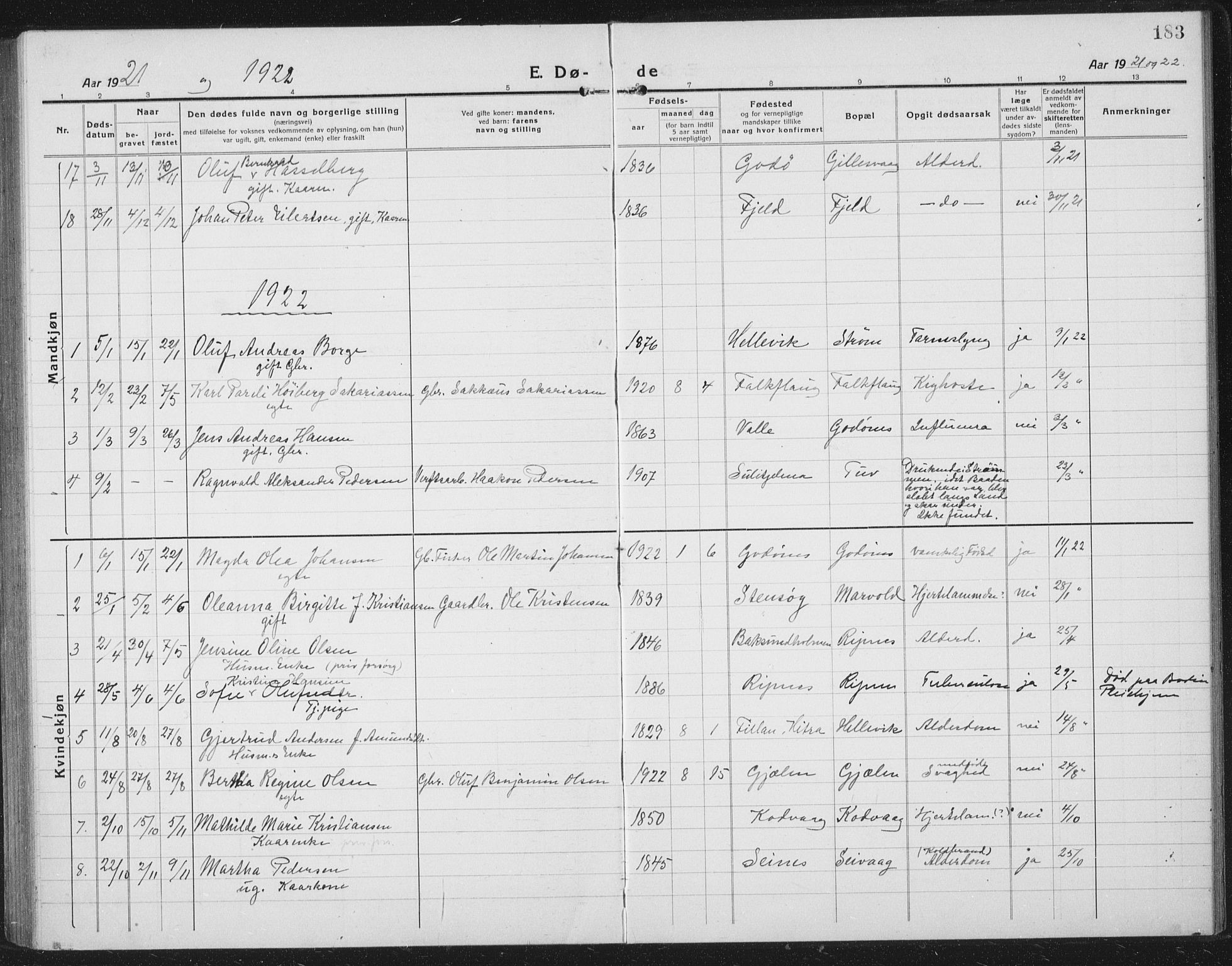 Ministerialprotokoller, klokkerbøker og fødselsregistre - Nordland, AV/SAT-A-1459/804/L0089: Parish register (copy) no. 804C02, 1918-1935, p. 183