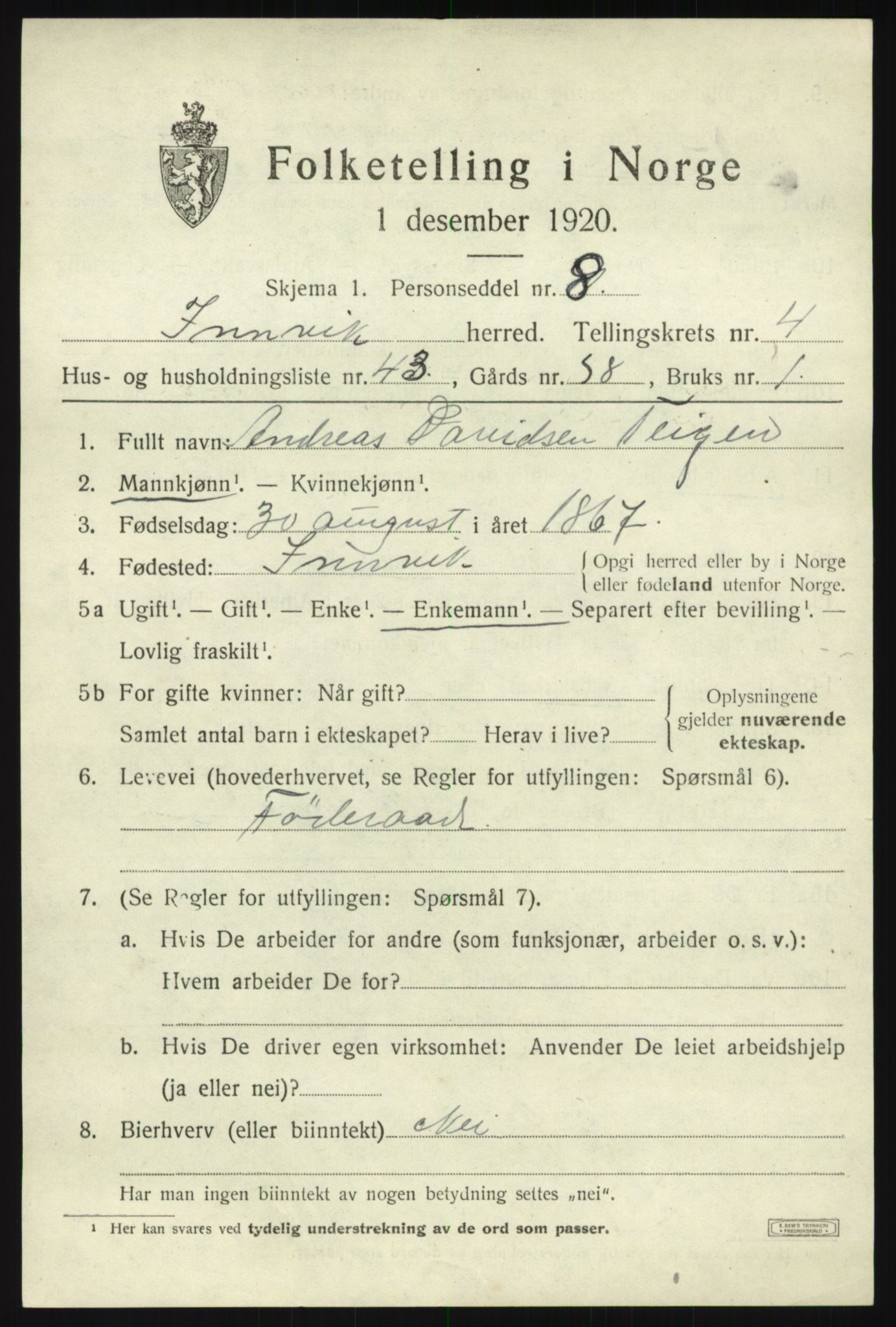 SAB, 1920 census for Innvik, 1920, p. 2725