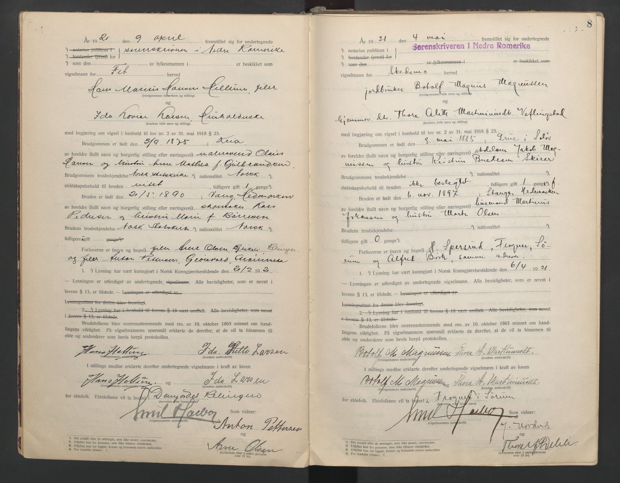 Nedre Romerike sorenskriveri, SAO/A-10469/L/Lb/L0001: Vigselsbok - borgerlige vielser, 1920-1935, p. 8