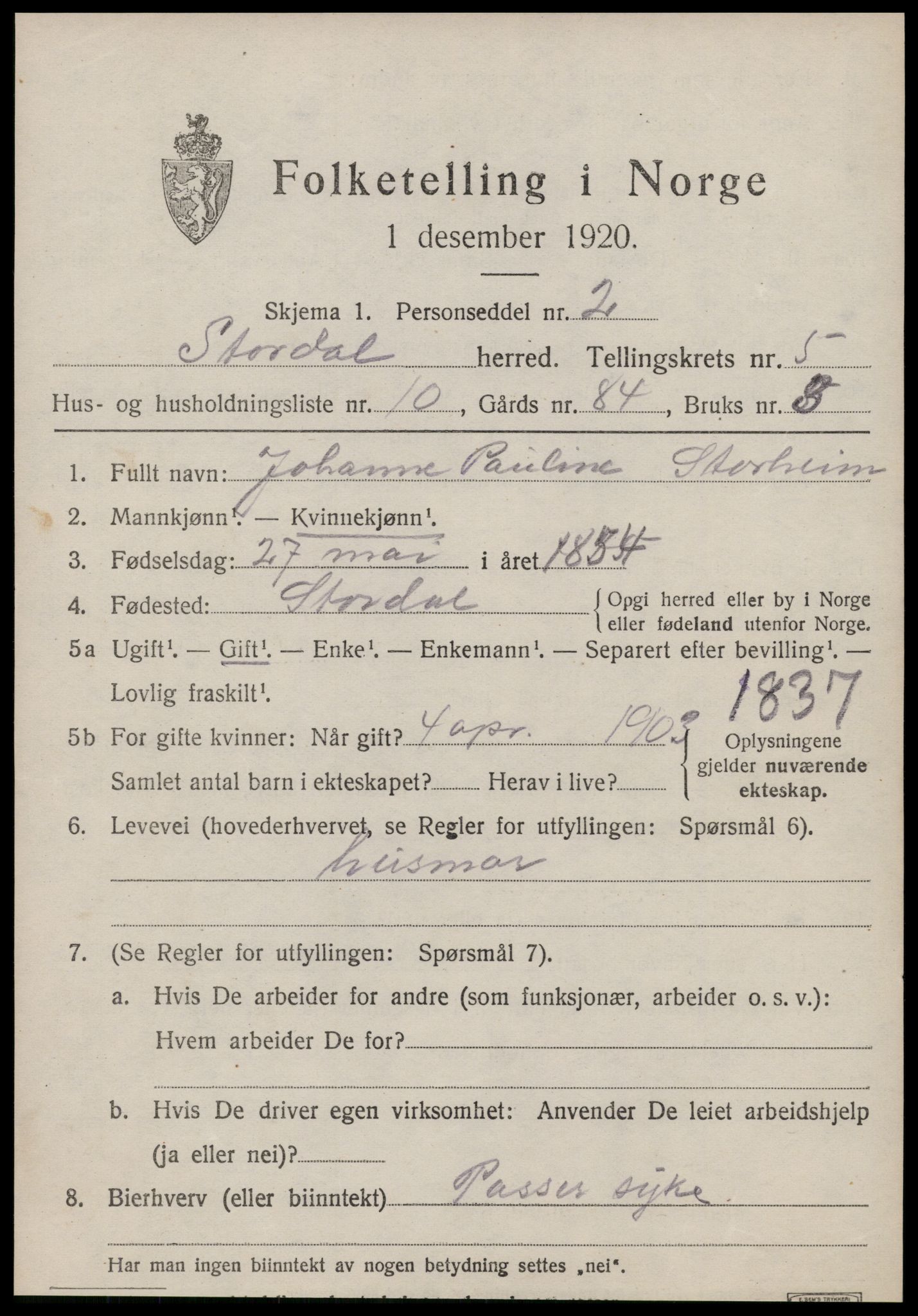 SAT, 1920 census for Stordal, 1920, p. 1648