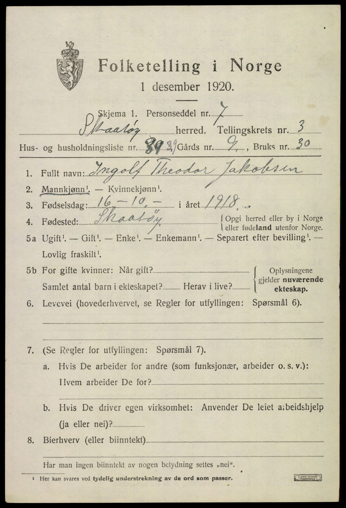 SAKO, 1920 census for Skåtøy, 1920, p. 3116