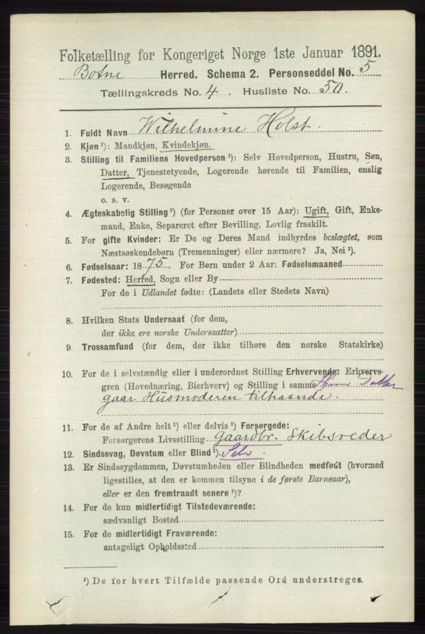 RA, 1891 census for 0715 Botne, 1891, p. 1891