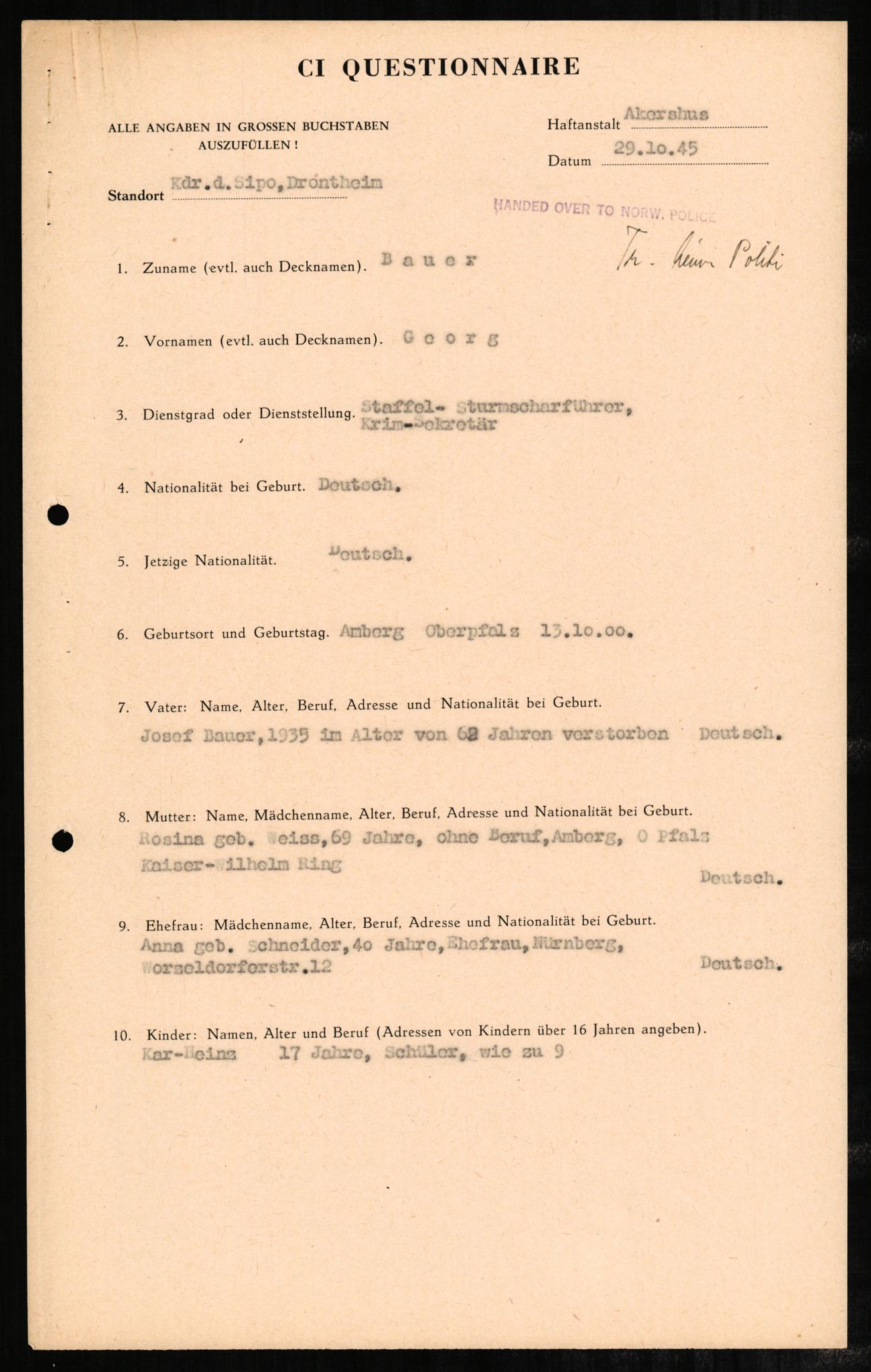 Forsvaret, Forsvarets overkommando II, AV/RA-RAFA-3915/D/Db/L0002: CI Questionaires. Tyske okkupasjonsstyrker i Norge. Tyskere., 1945-1946, p. 244