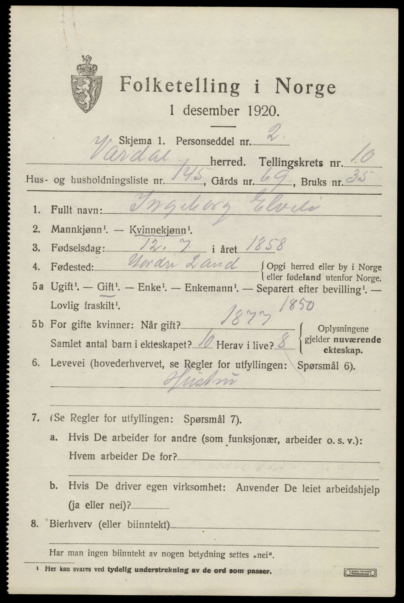 SAH, 1920 census for Vardal, 1920, p. 10853