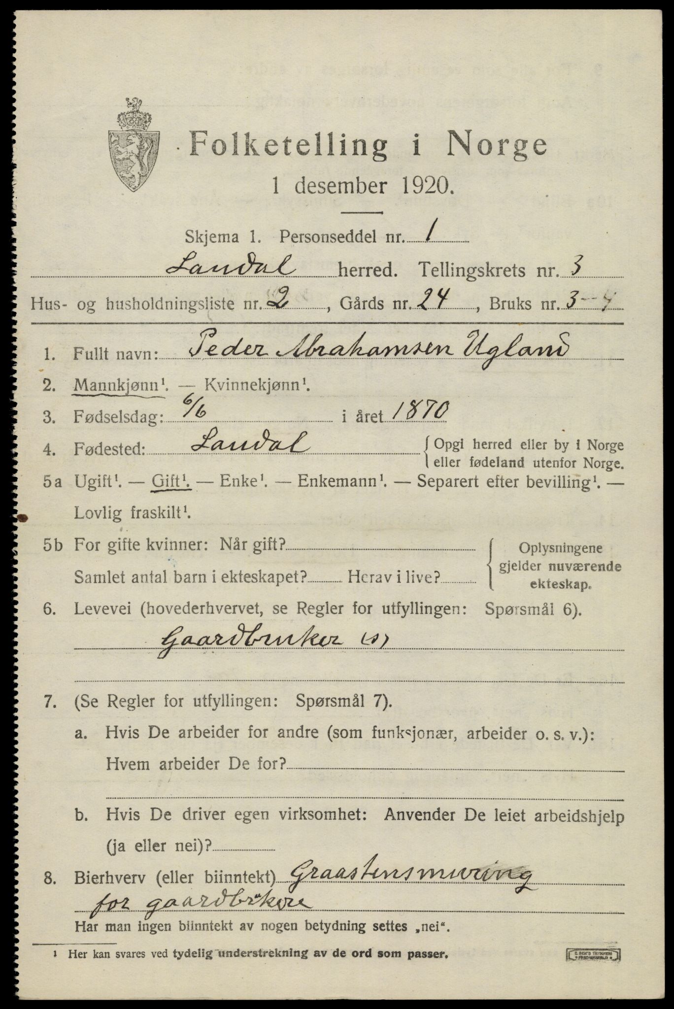 SAK, 1920 census for Laudal, 1920, p. 1006