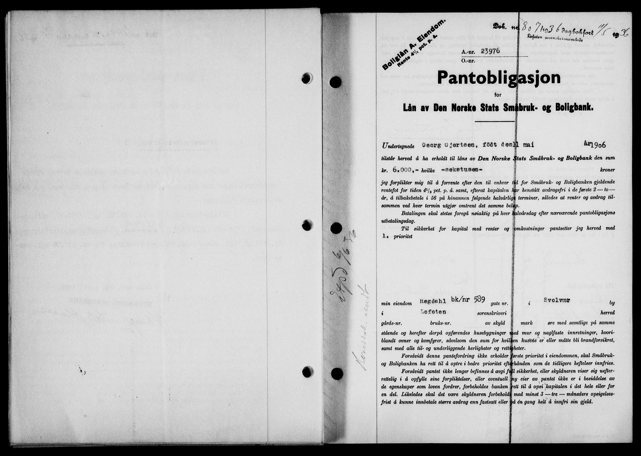 Lofoten sorenskriveri, SAT/A-0017/1/2/2C/L0033b: Mortgage book no. 33b, 1936-1936, Diary no: : 807/1936
