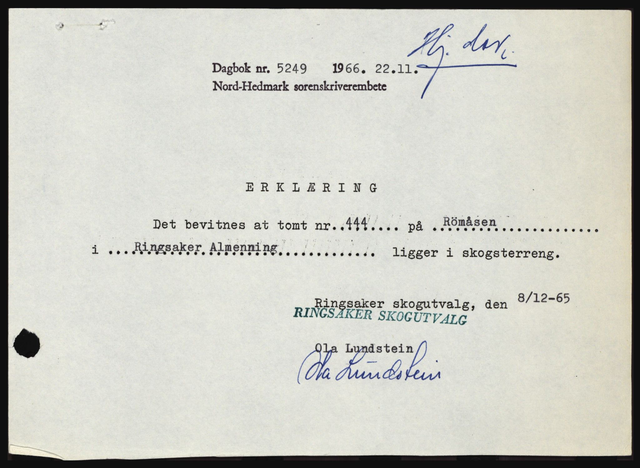 Nord-Hedmark sorenskriveri, SAH/TING-012/H/Hc/L0024: Mortgage book no. 24, 1966-1966, Diary no: : 5249/1966