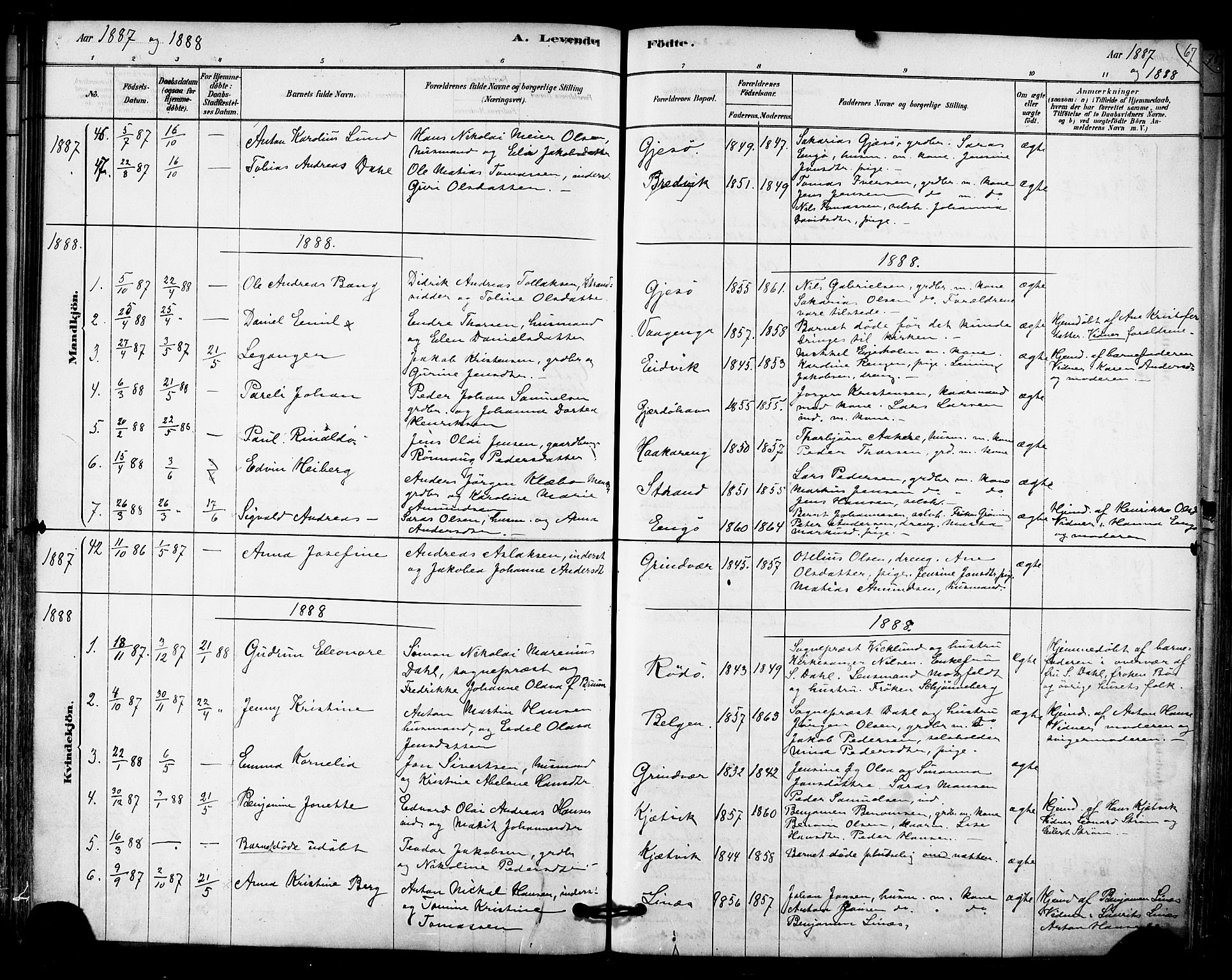 Ministerialprotokoller, klokkerbøker og fødselsregistre - Nordland, SAT/A-1459/841/L0609: Parish register (official) no. 841A12, 1878-1901, p. 67