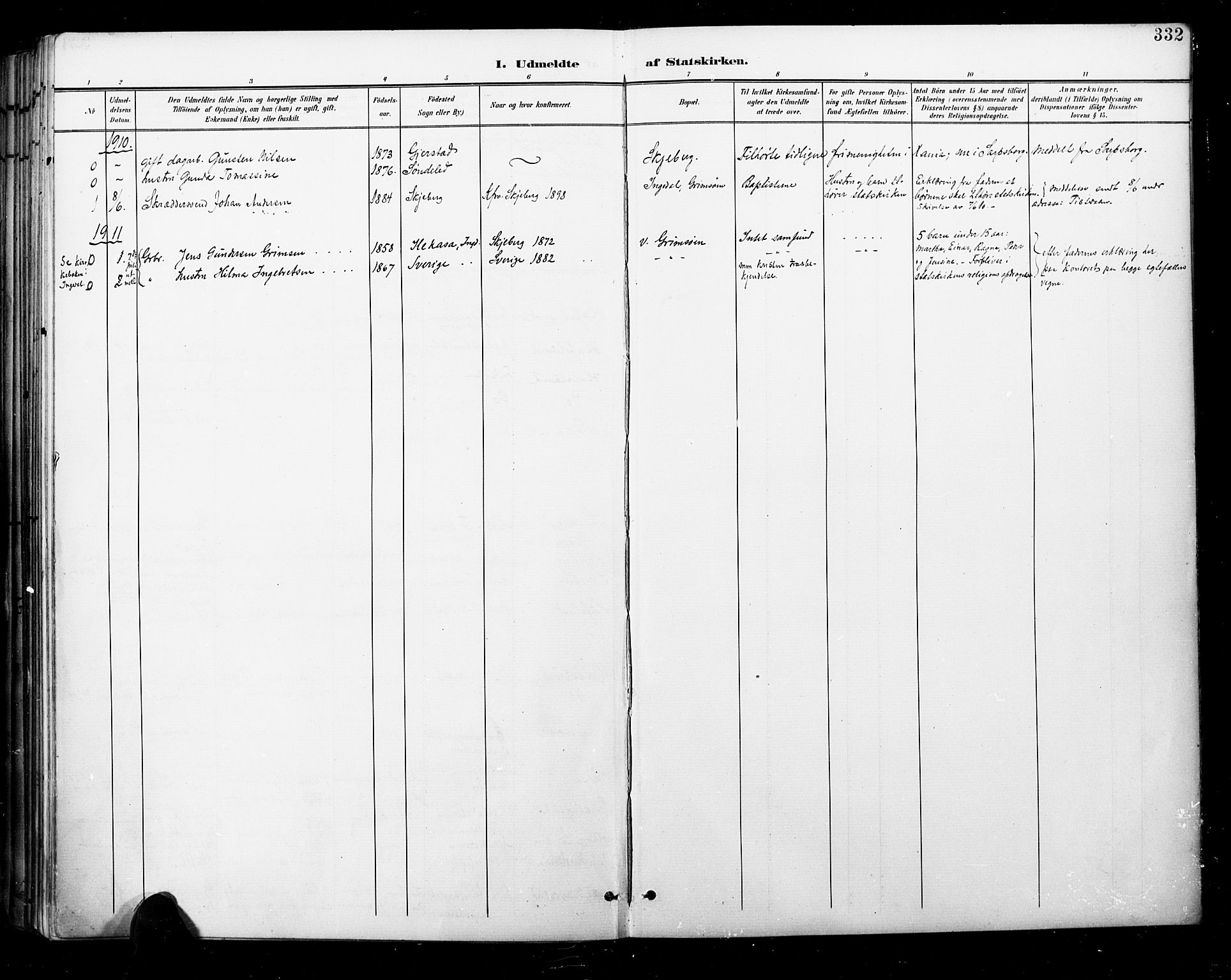Skjeberg prestekontor Kirkebøker, SAO/A-10923/F/Fa/L0010: Parish register (official) no. I 10, 1898-1911, p. 332