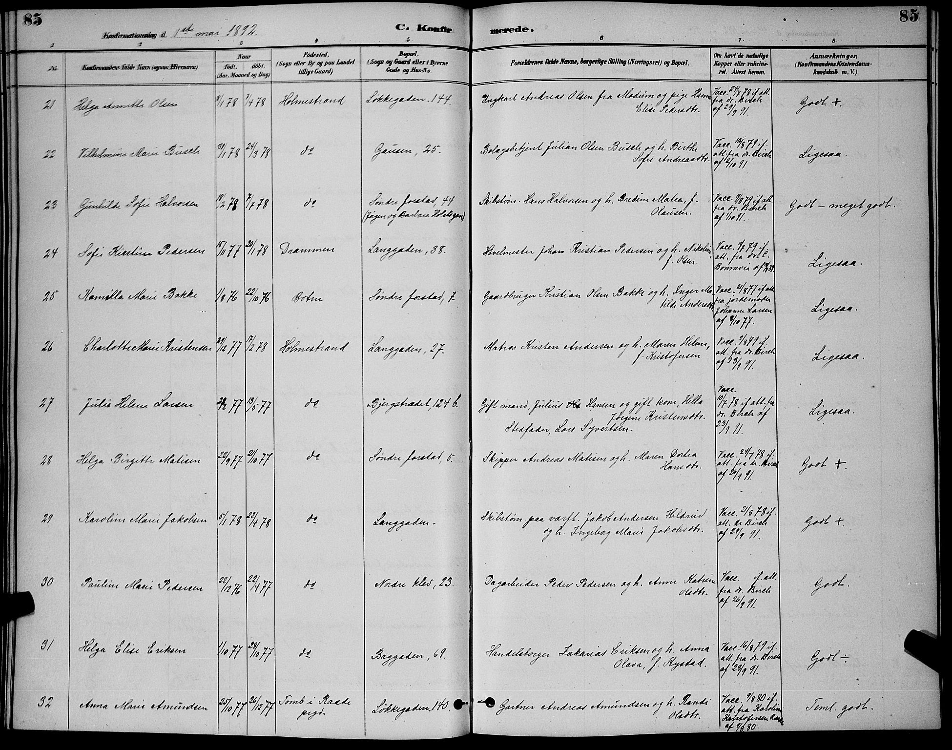 Holmestrand kirkebøker, SAKO/A-346/G/Ga/L0005: Parish register (copy) no. 5, 1889-1901, p. 85