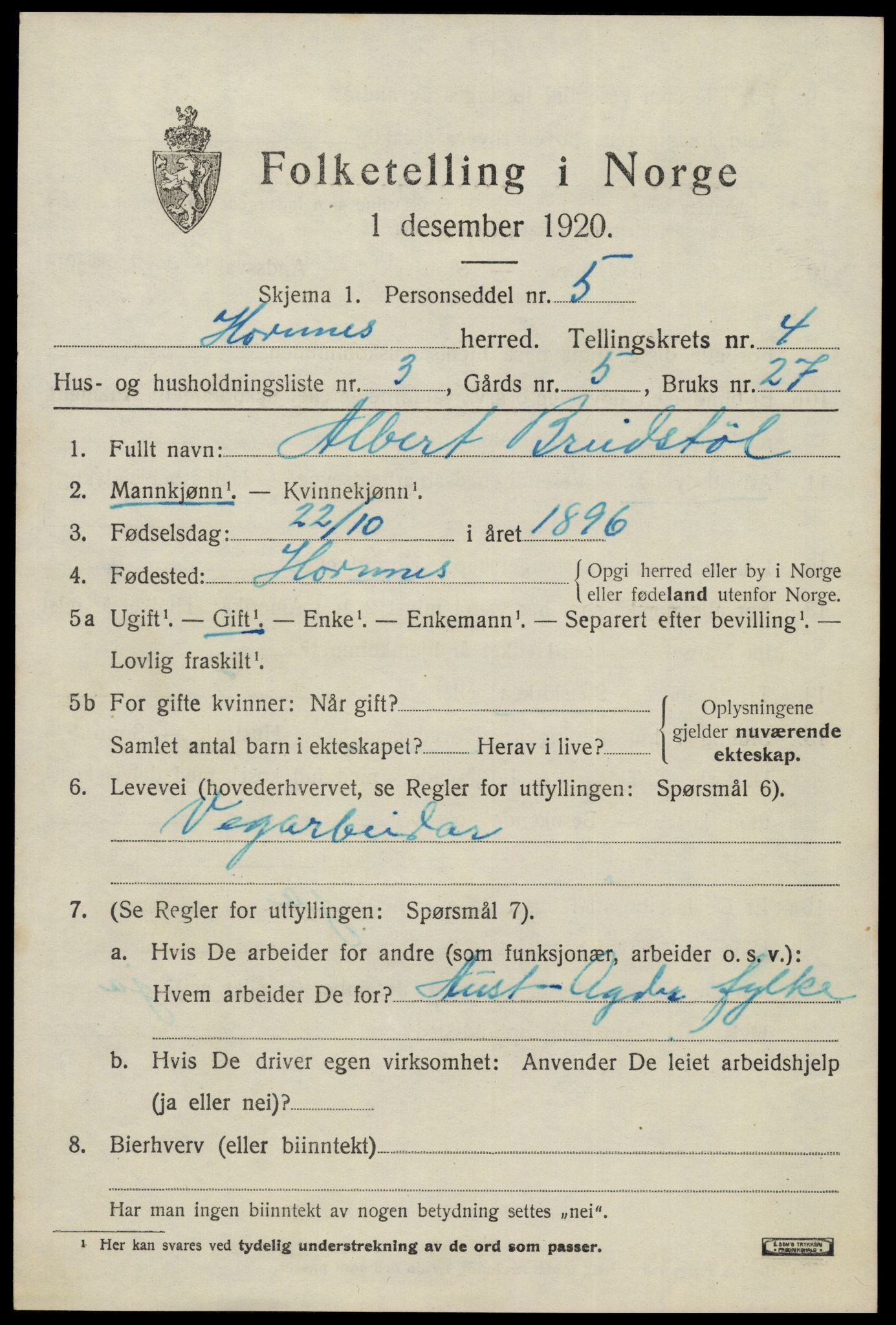 SAK, 1920 census for Hornnes, 1920, p. 1165