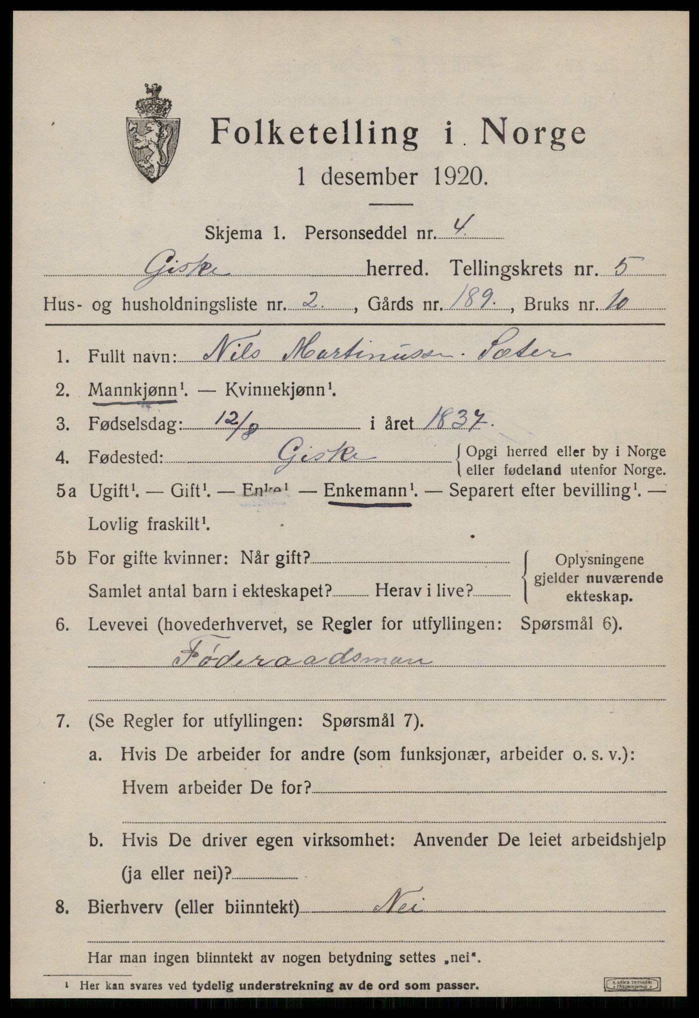 SAT, 1920 census for Giske, 1920, p. 3648