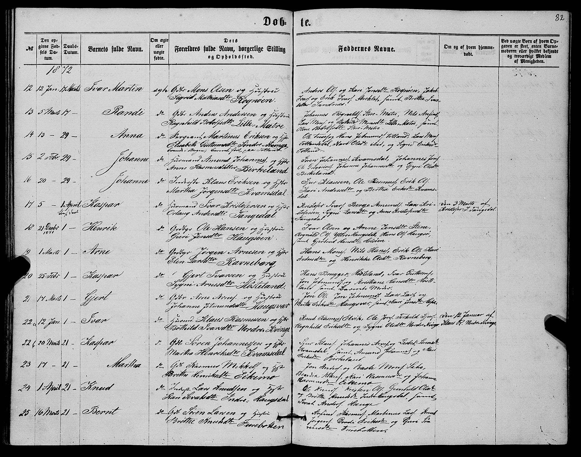 Masfjorden Sokneprestembete, AV/SAB-A-77001: Parish register (copy) no. A 1, 1851-1875, p. 82