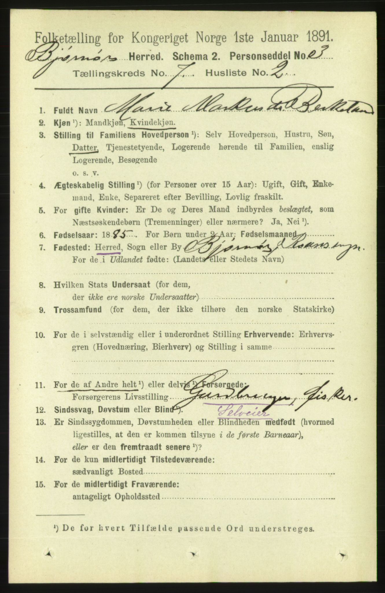 RA, 1891 census for 1632 Bjørnør, 1891, p. 2995