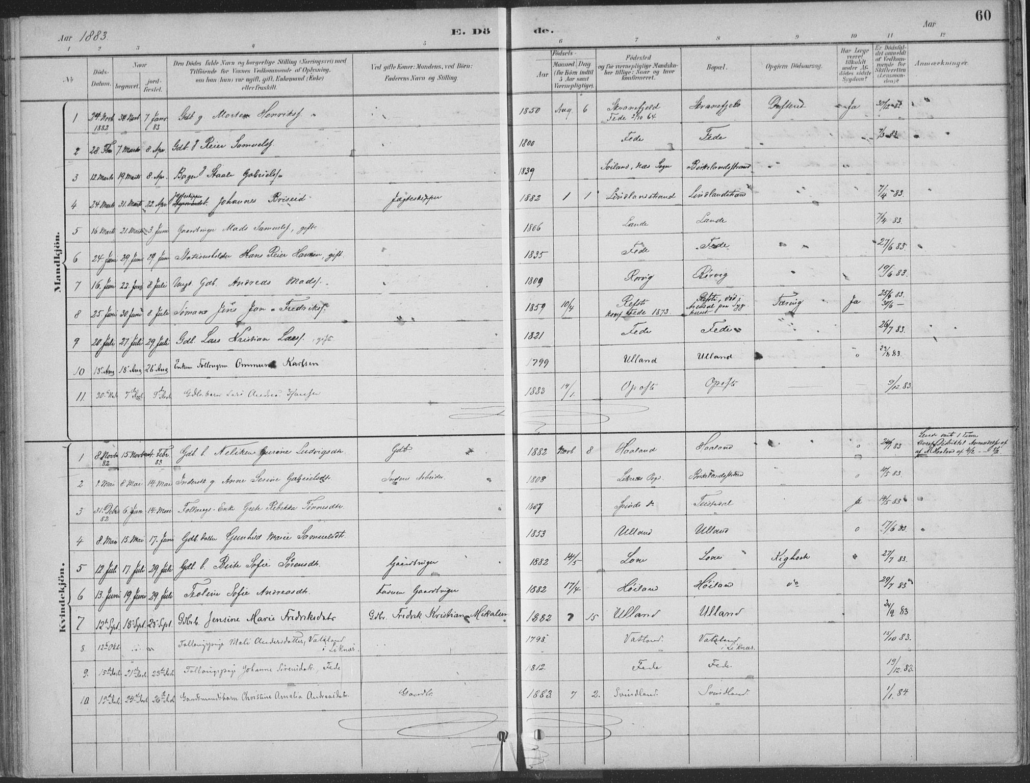Kvinesdal sokneprestkontor, SAK/1111-0026/F/Fa/Faa/L0004: Parish register (official) no. A 4, 1882-1897, p. 60
