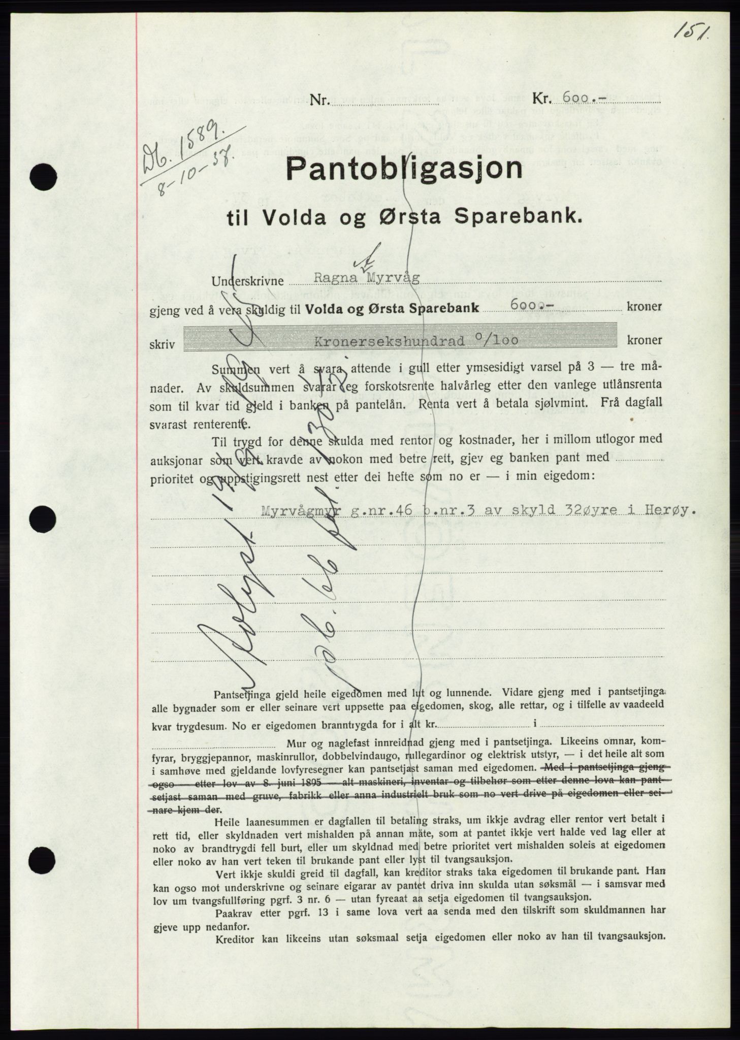 Søre Sunnmøre sorenskriveri, AV/SAT-A-4122/1/2/2C/L0064: Mortgage book no. 58, 1937-1938, Diary no: : 1589/1937