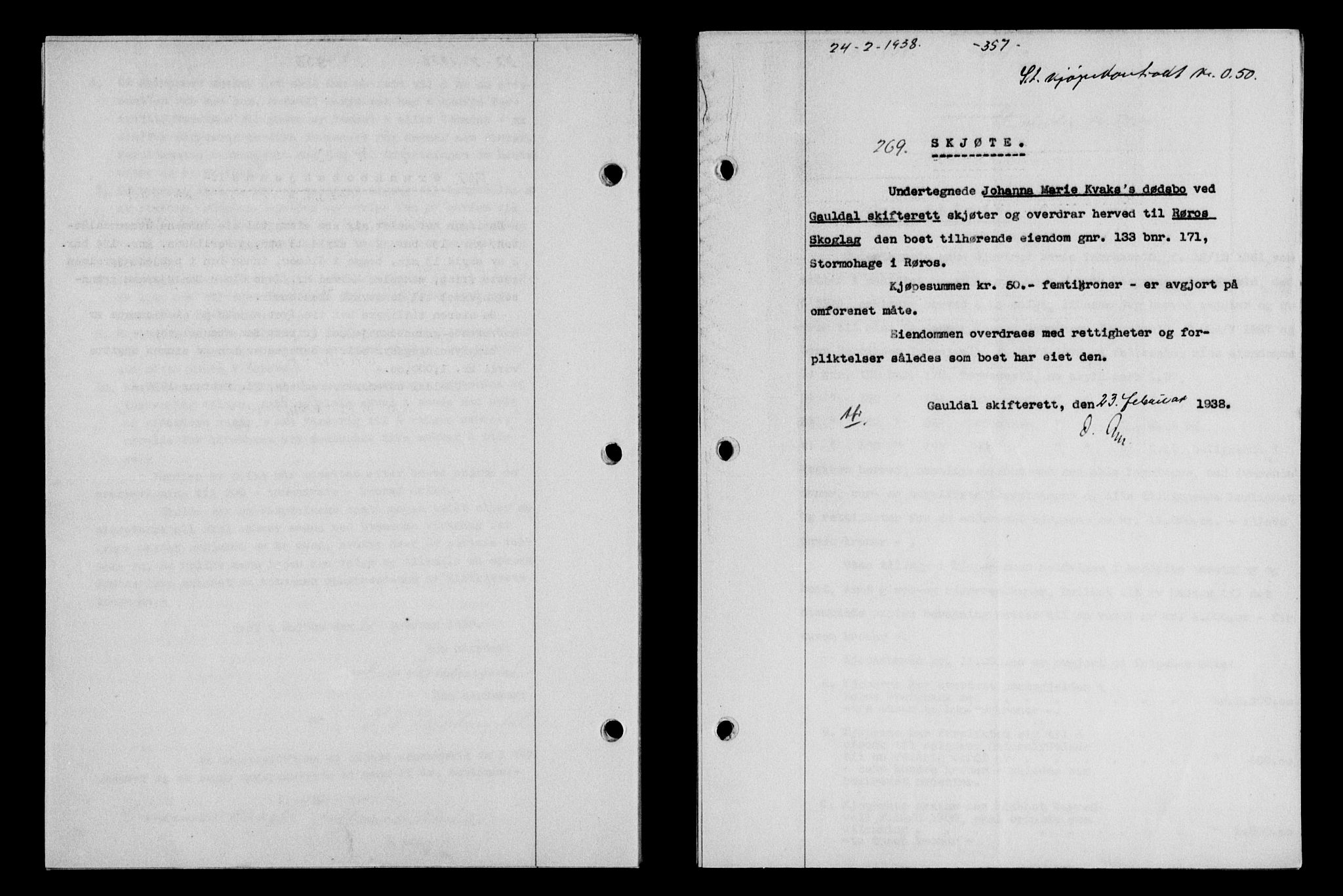 Gauldal sorenskriveri, SAT/A-0014/1/2/2C/L0048: Mortgage book no. 51-52, 1937-1938, p. 357, Diary no: : 269/1938