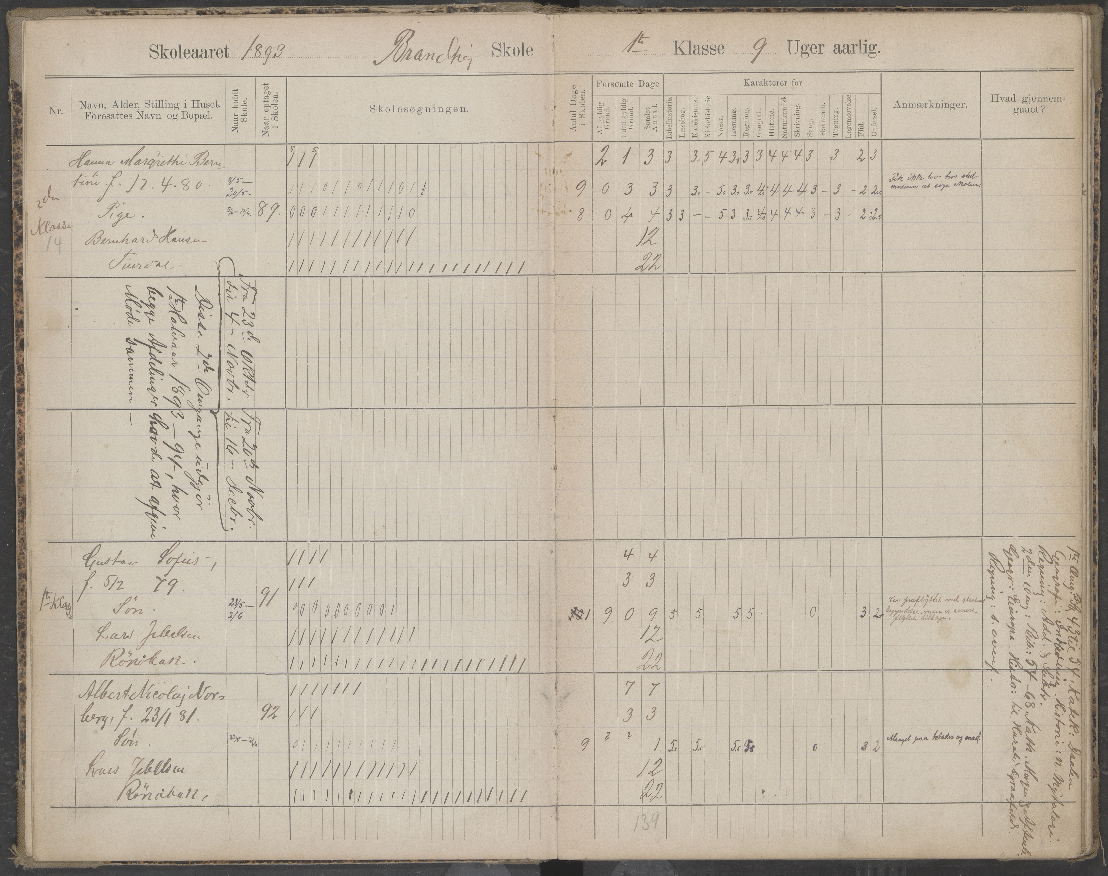 Beiarn kommune. Brandhei skolekrets, AIN/K-18390.510.03/442/L0003: Karakter/oversiktsprotokoll, 1893-1910