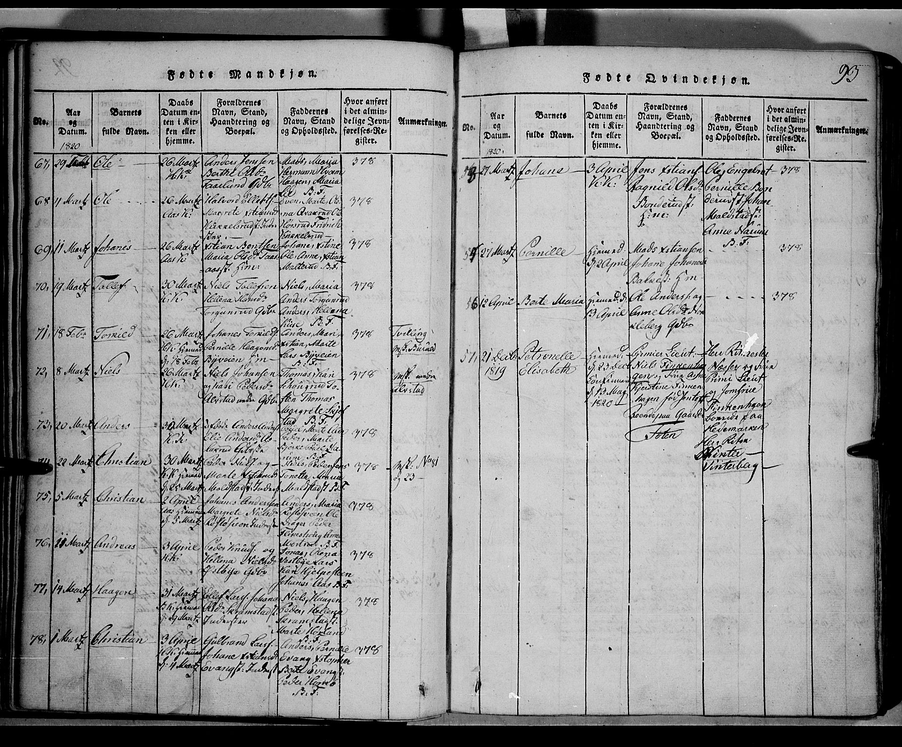 Toten prestekontor, SAH/PREST-102/H/Ha/Hab/L0001: Parish register (copy) no. 1, 1814-1820, p. 93