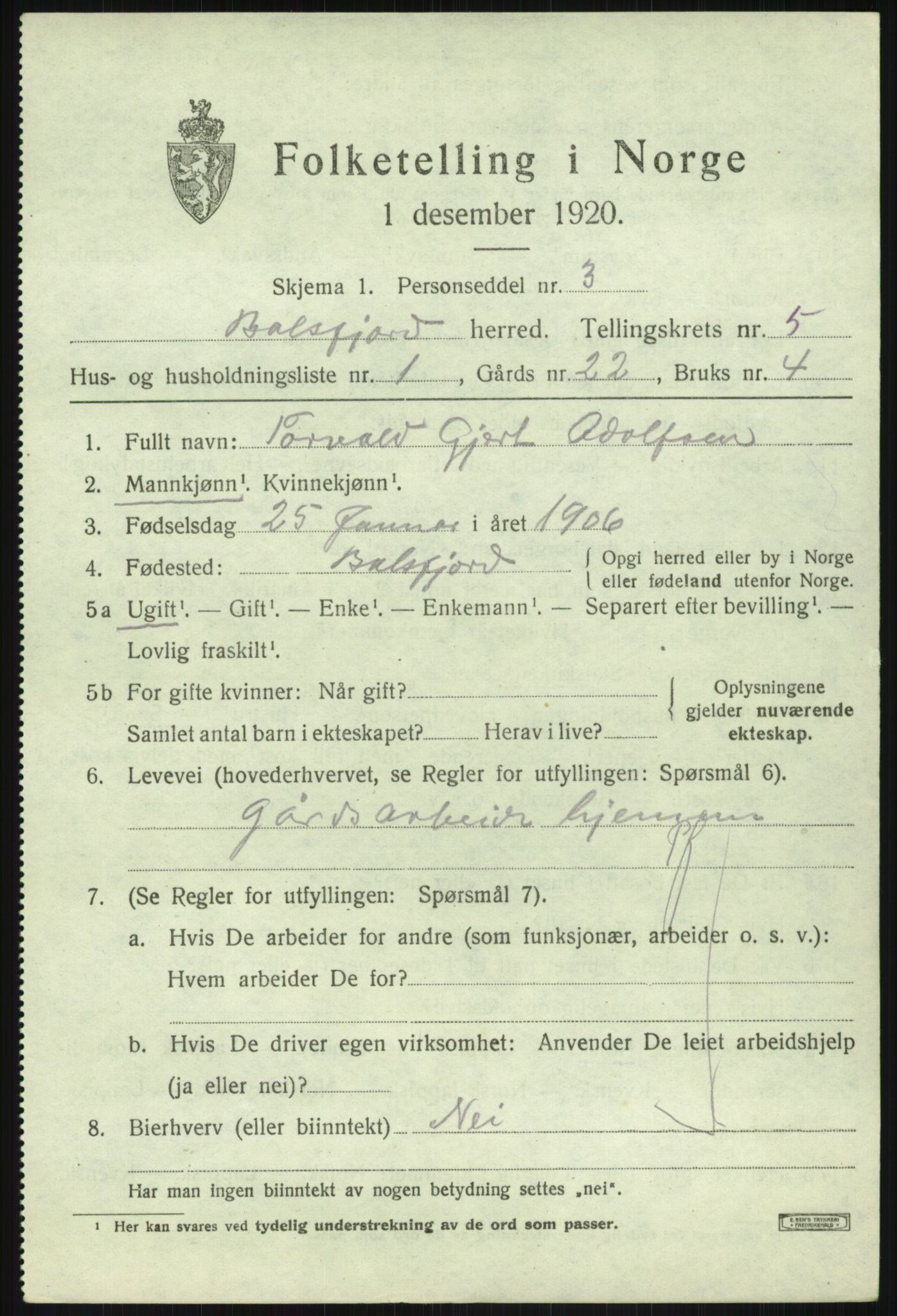 SATØ, 1920 census for Balsfjord, 1920, p. 3112