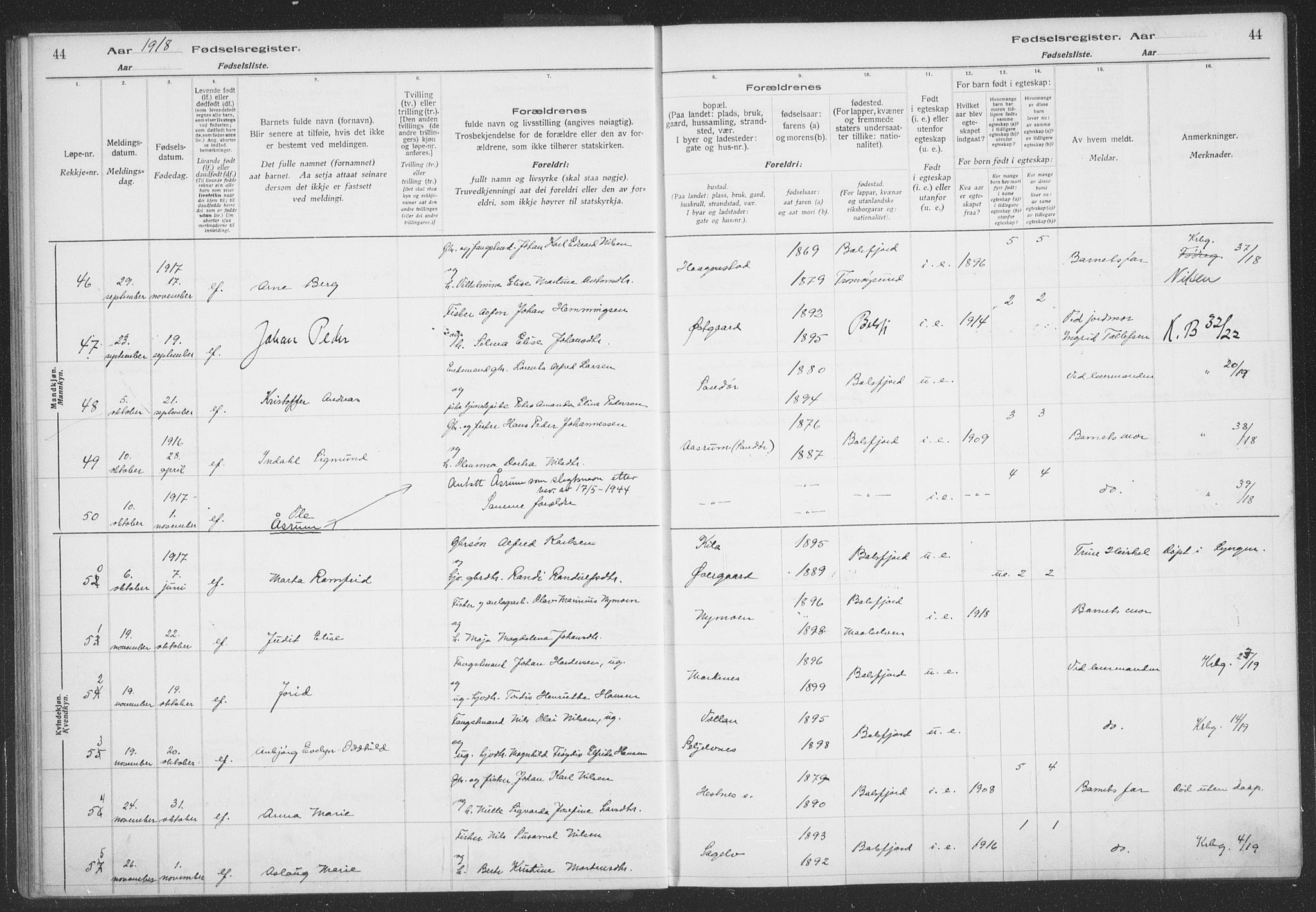 Balsfjord sokneprestembete, AV/SATØ-S-1303/H/Hb/L0059: Birth register no. 59, 1916-1930, p. 44