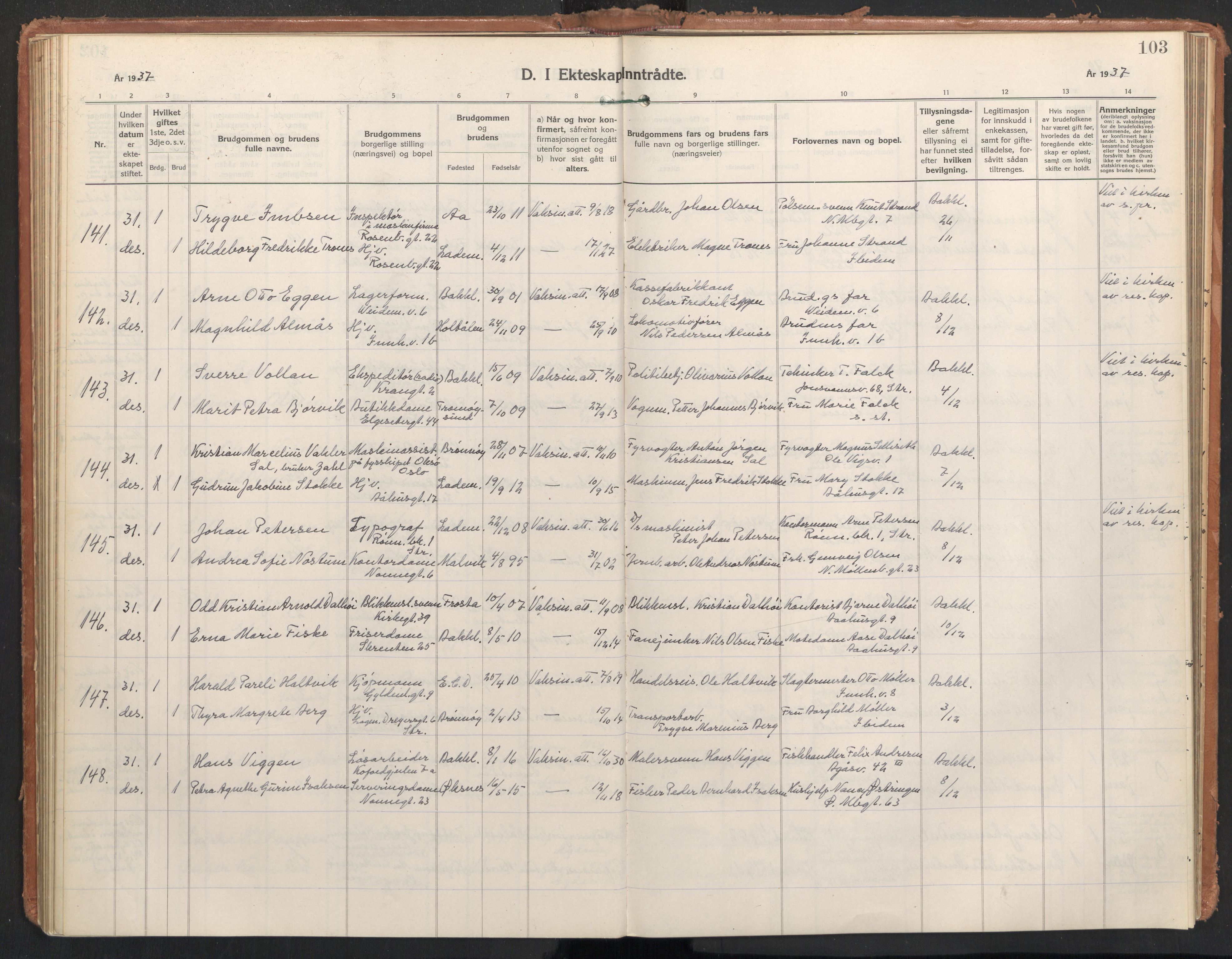 Ministerialprotokoller, klokkerbøker og fødselsregistre - Sør-Trøndelag, SAT/A-1456/604/L0209: Parish register (official) no. 604A29, 1931-1945, p. 103