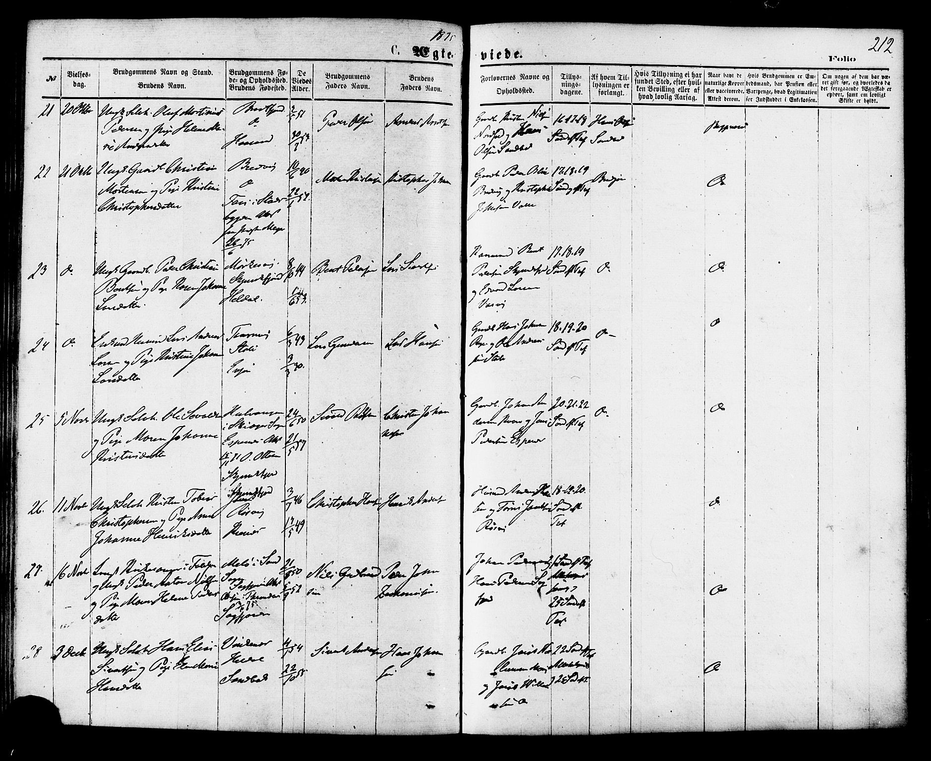 Ministerialprotokoller, klokkerbøker og fødselsregistre - Nordland, SAT/A-1459/853/L0771: Parish register (official) no. 853A10, 1870-1881, p. 212