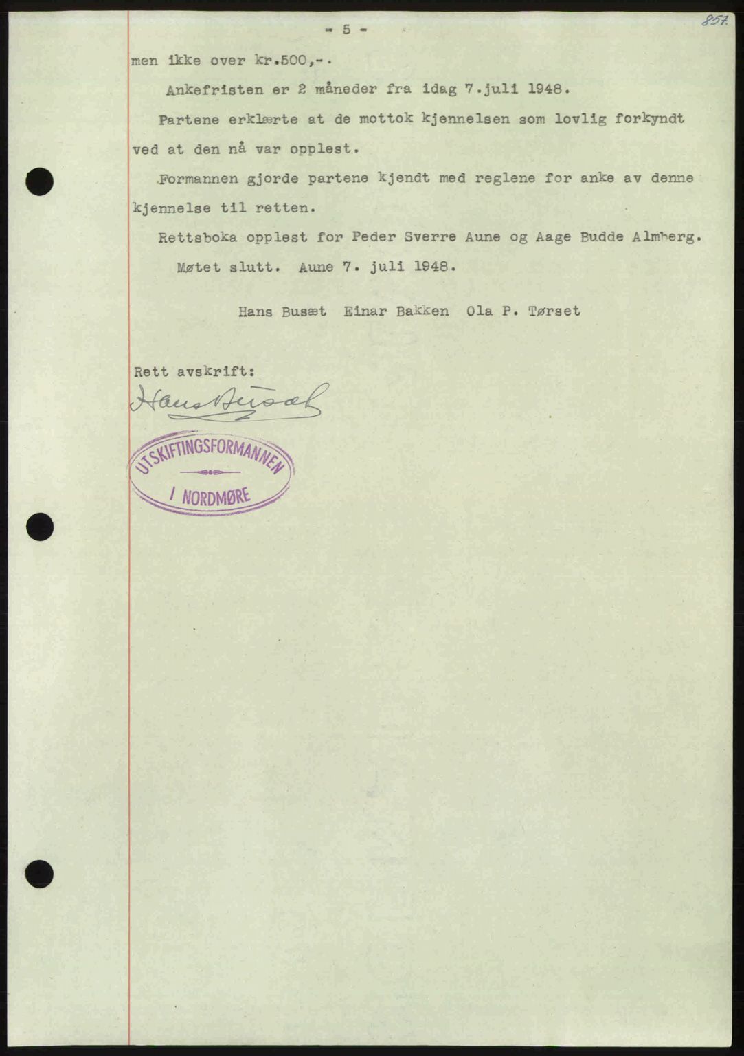 Nordmøre sorenskriveri, AV/SAT-A-4132/1/2/2Ca: Mortgage book no. A110, 1948-1949, Diary no: : 502/1949