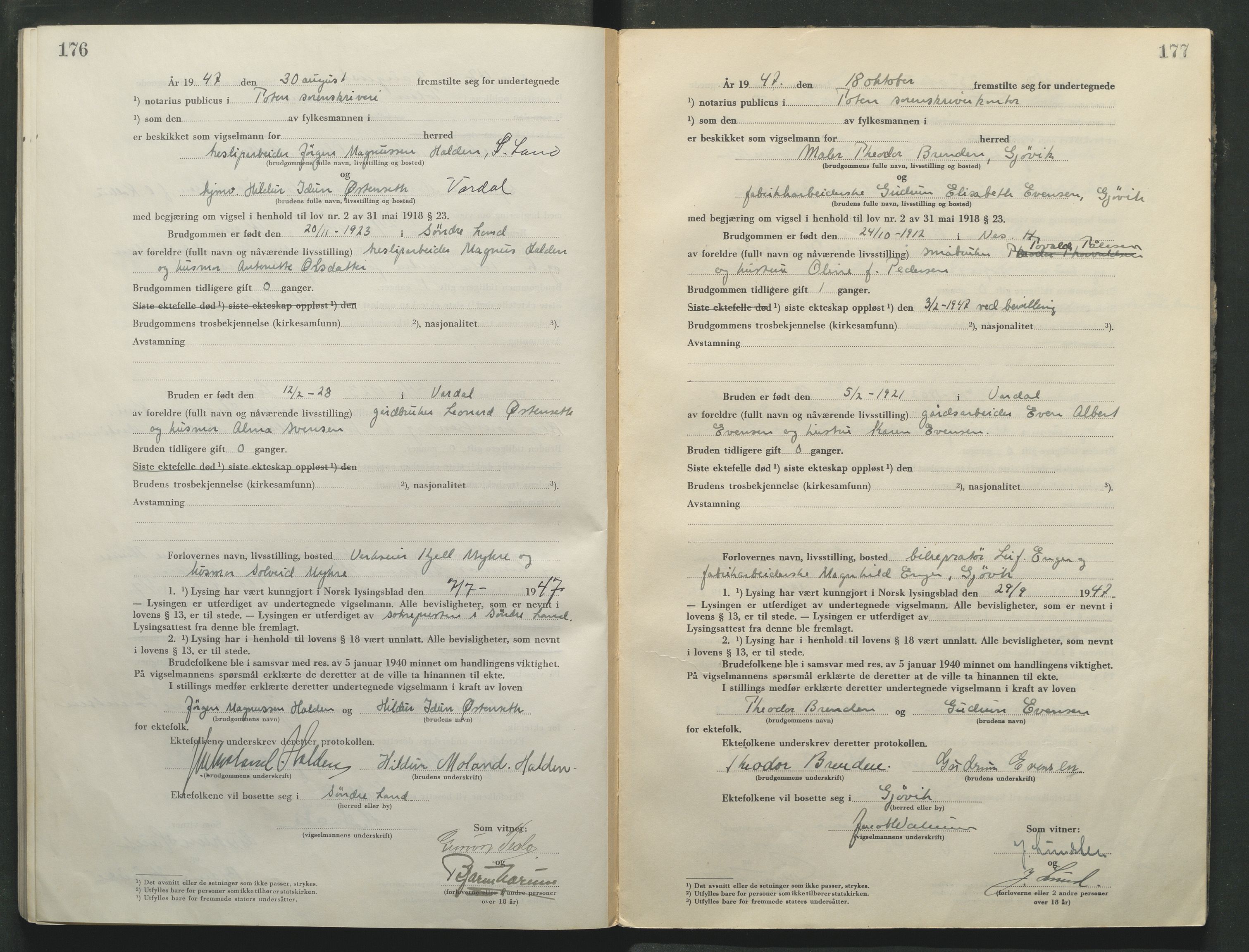 Toten tingrett, AV/SAH-TING-006/L/Lc/L0005: Vigselbok, 1944-1948, p. 176-177