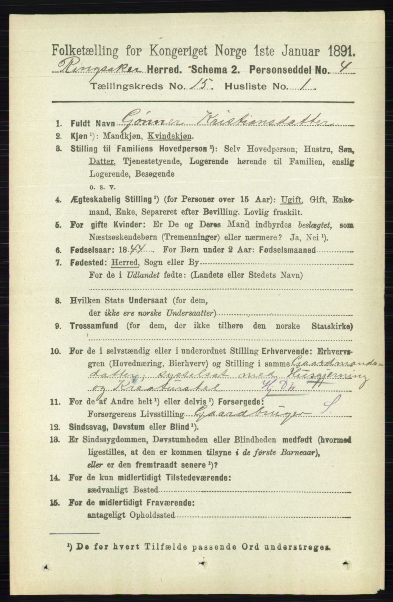 RA, 1891 census for 0412 Ringsaker, 1891, p. 8486