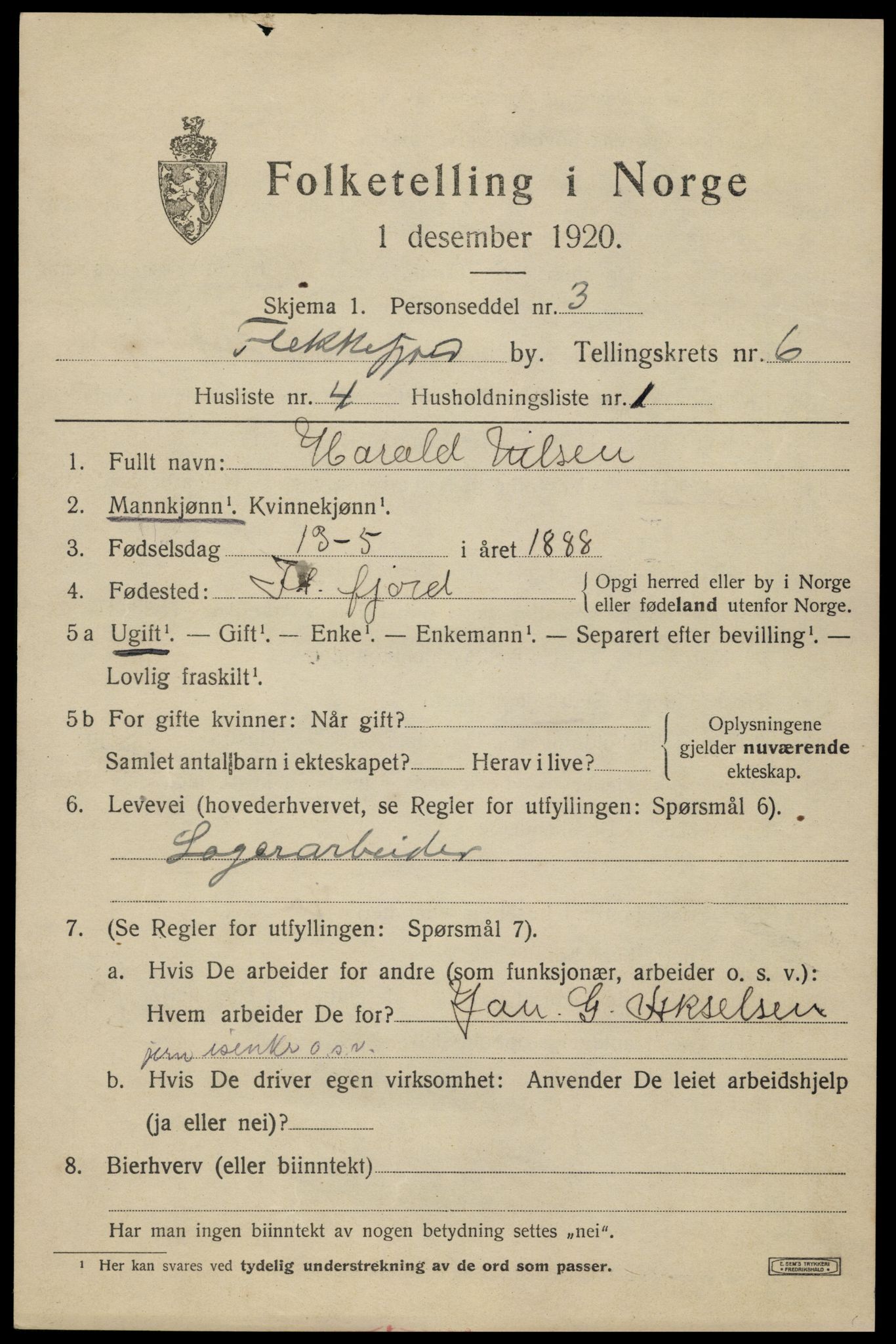 SAK, 1920 census for Flekkefjord, 1920, p. 5786