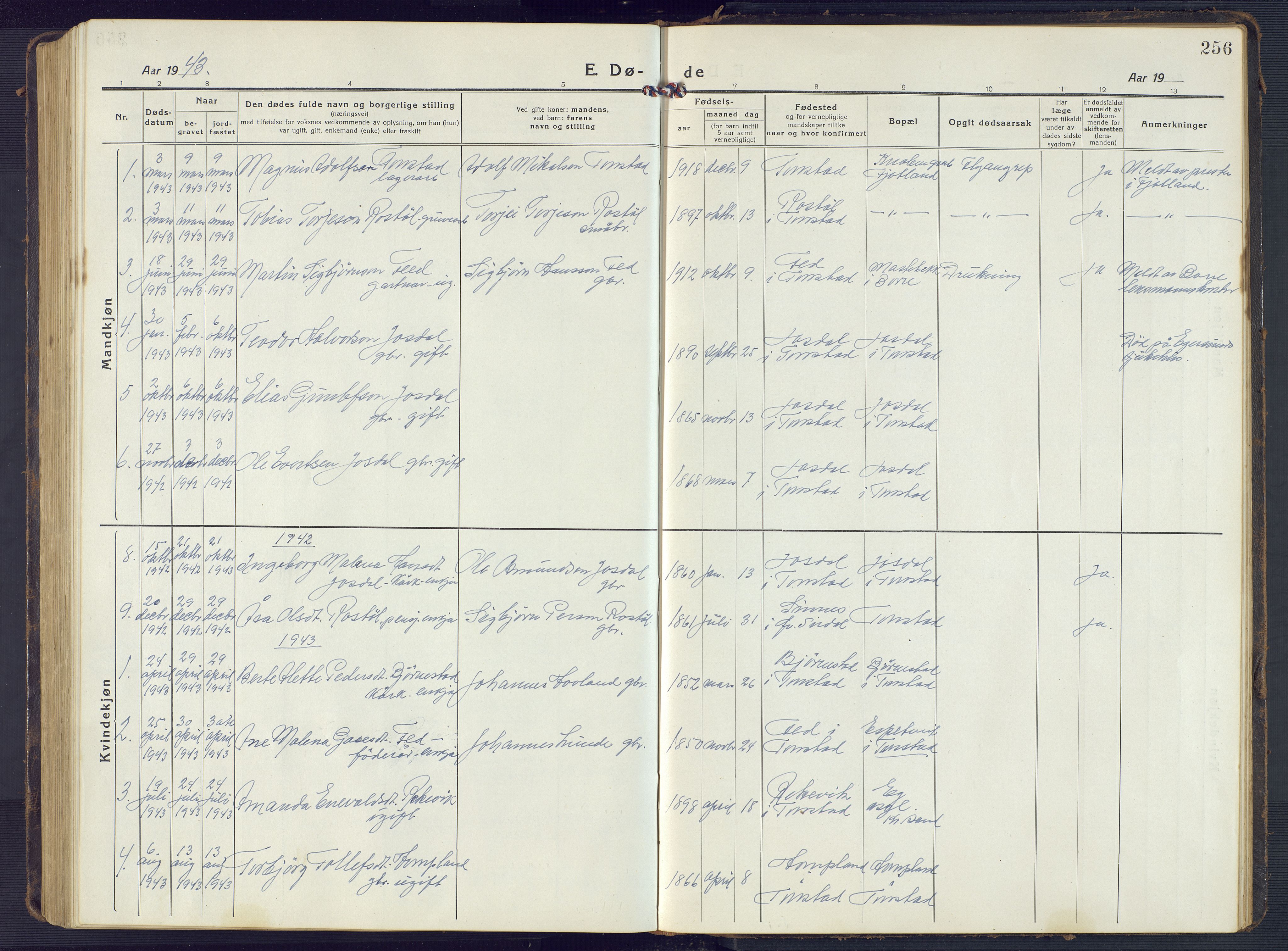 Sirdal sokneprestkontor, SAK/1111-0036/F/Fb/Fbb/L0005: Parish register (copy) no. B 5, 1916-1960, p. 256