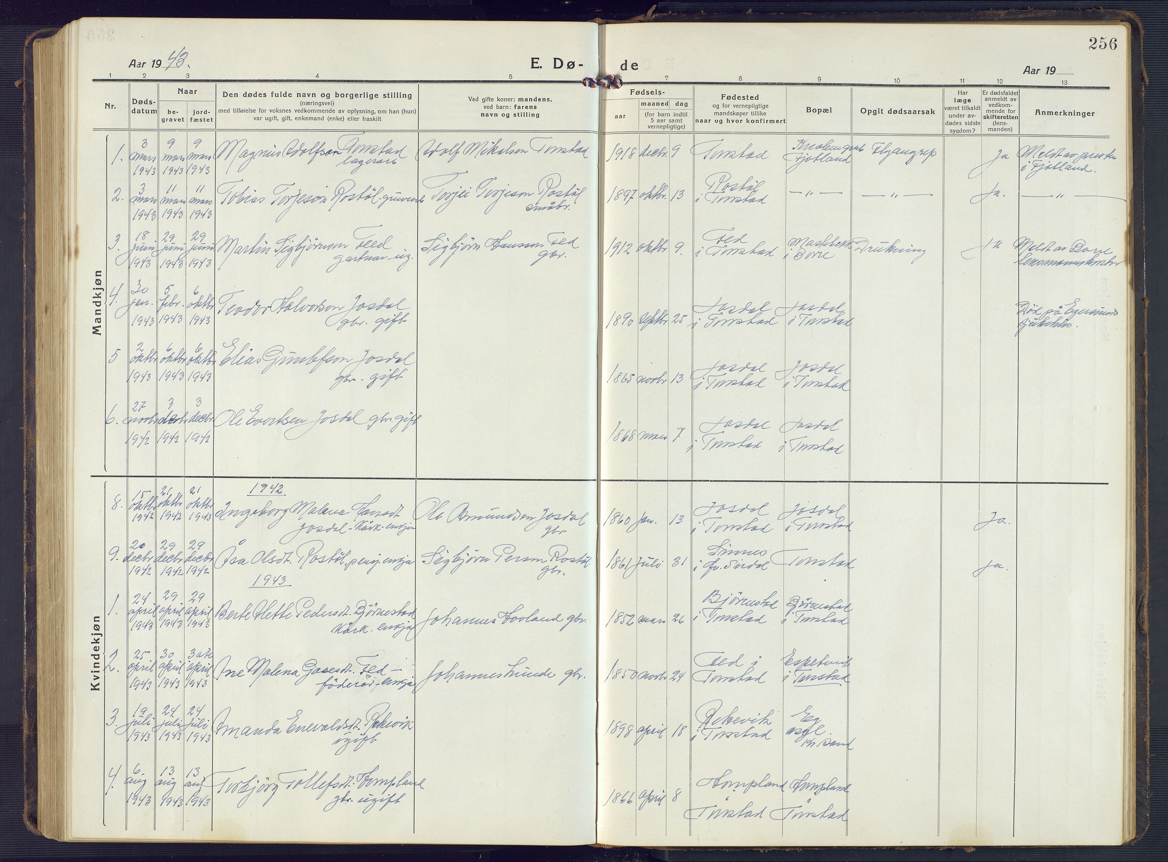 Sirdal sokneprestkontor, AV/SAK-1111-0036/F/Fb/Fbb/L0005: Parish register (copy) no. B 5, 1916-1960, p. 256