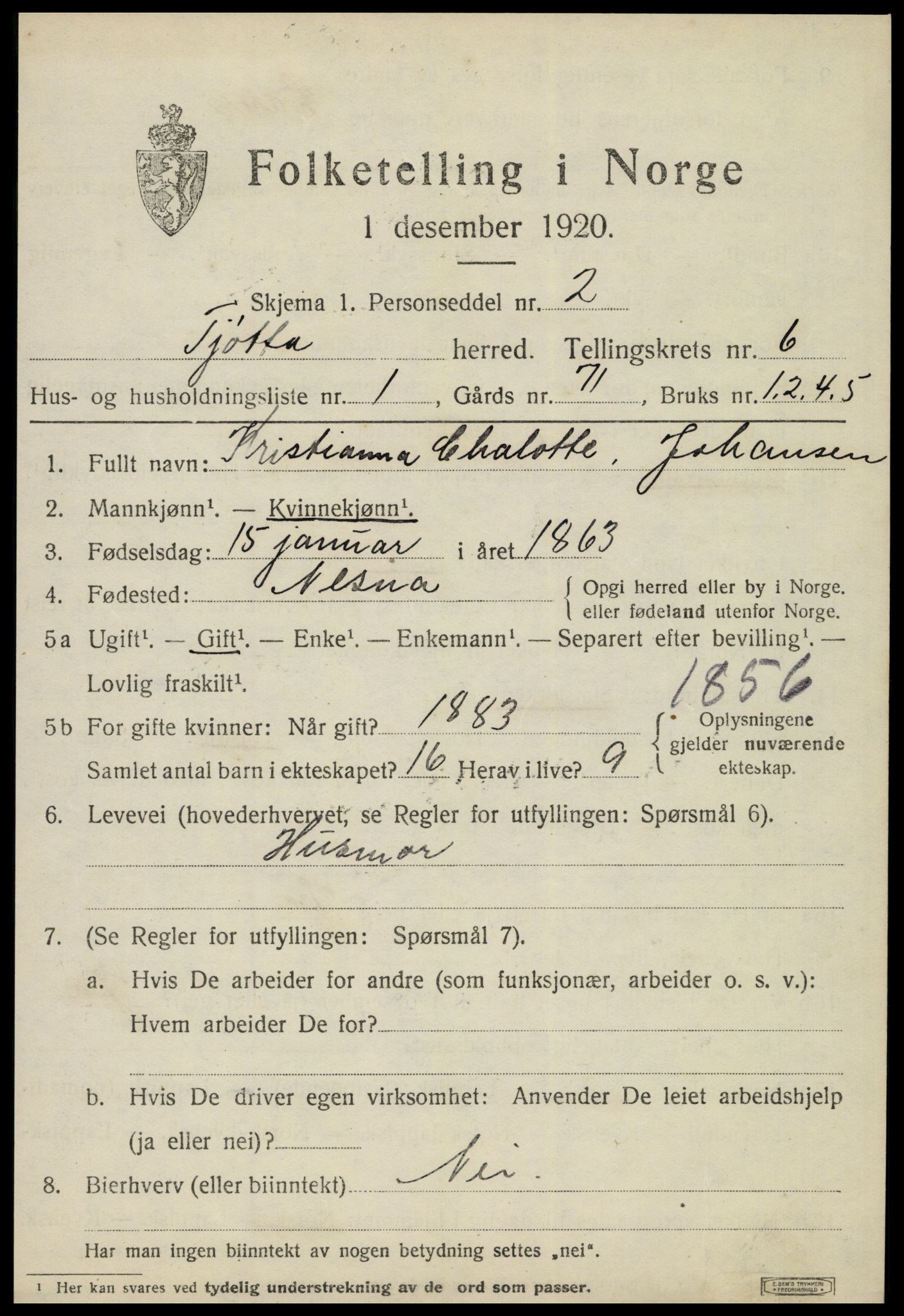 SAT, 1920 census for Tjøtta, 1920, p. 2417