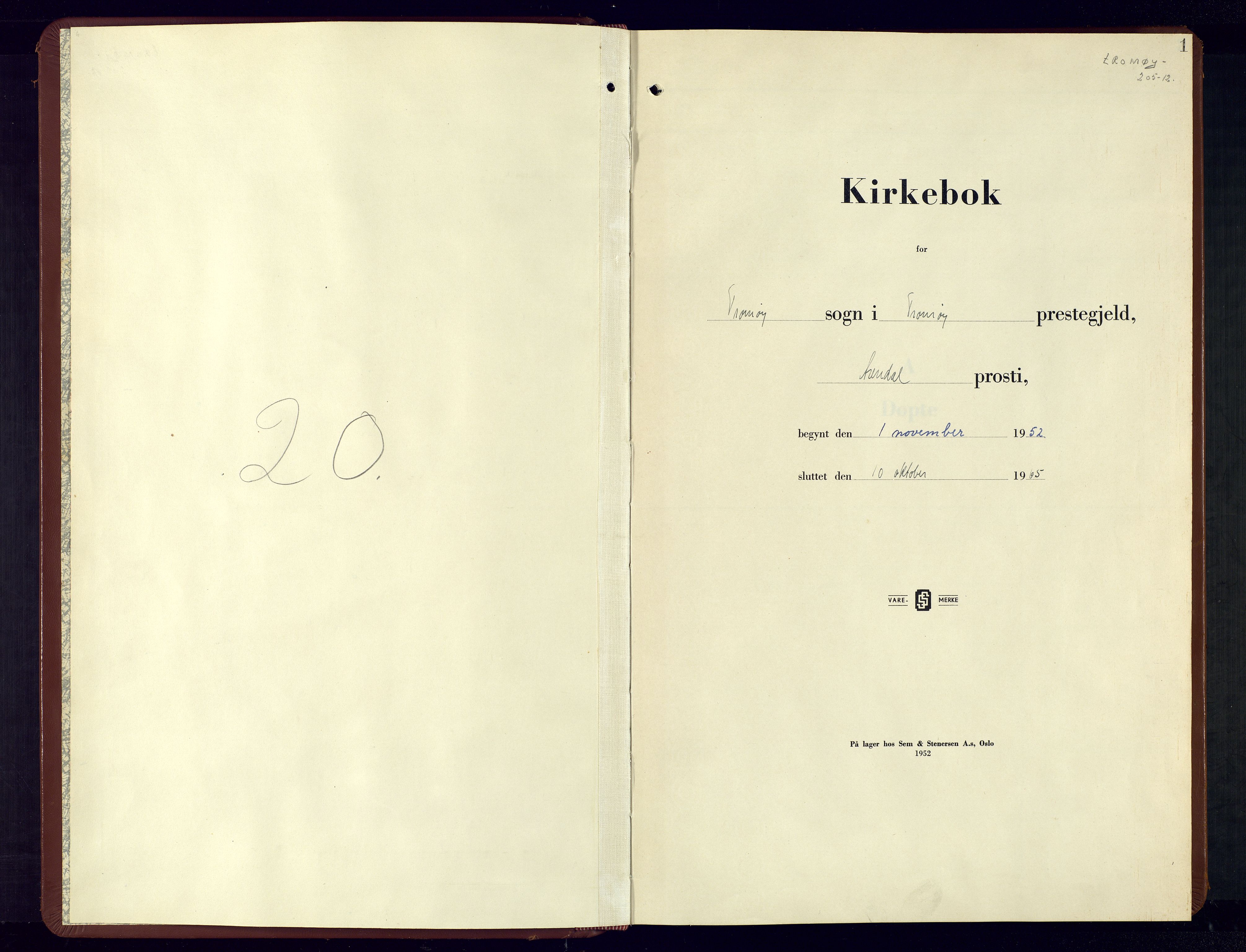Tromøy sokneprestkontor, SAK/1111-0041/F/Fb/L0010: Parish register (copy) no. B-10, 1952-1965, p. 1
